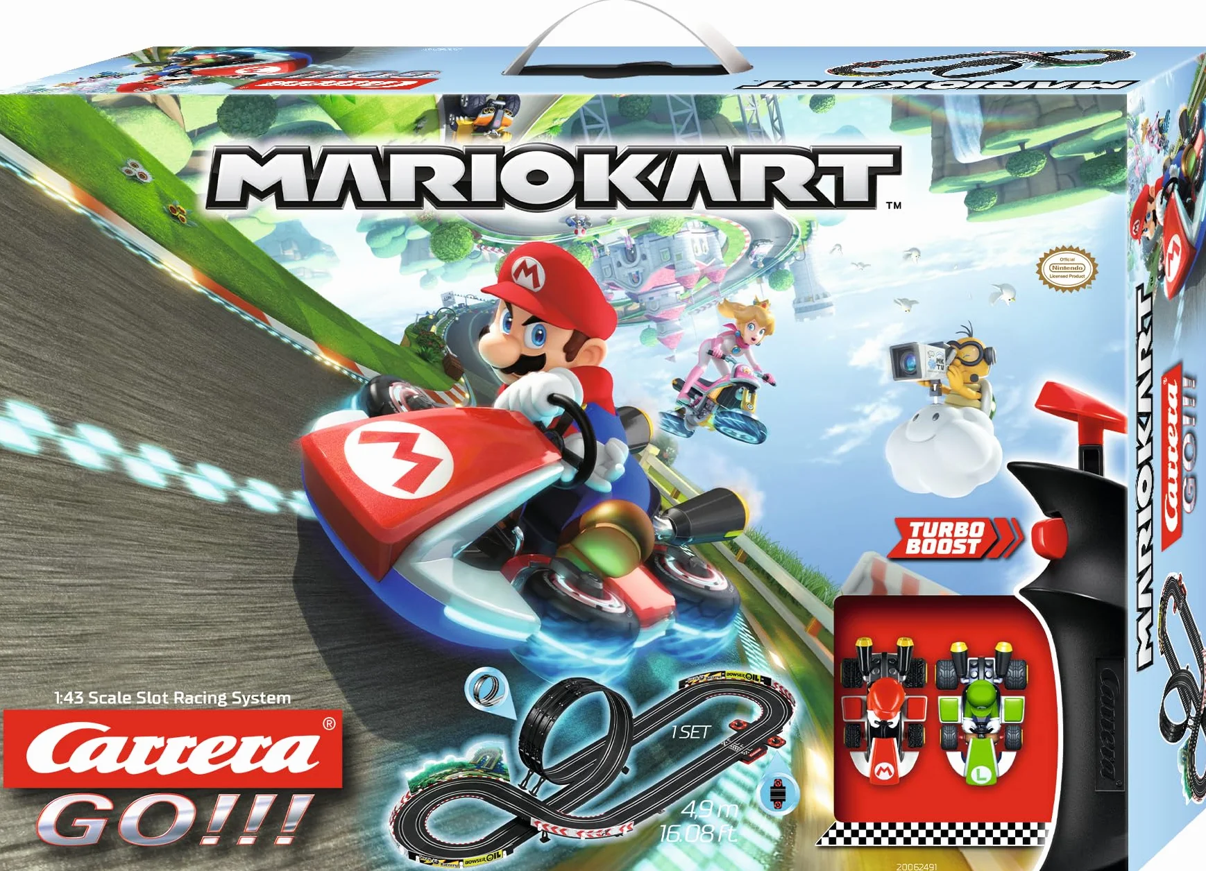 Carrera Go Mario Kart 8 zestaw pełen akcji tor wyścigowy z pętlą 2 wyścigówki Mario i Luigi, turbo, możliwość rozbudowy i elementy dekoracyjne, dla dzieci od 6 lat, długość 4,9 m