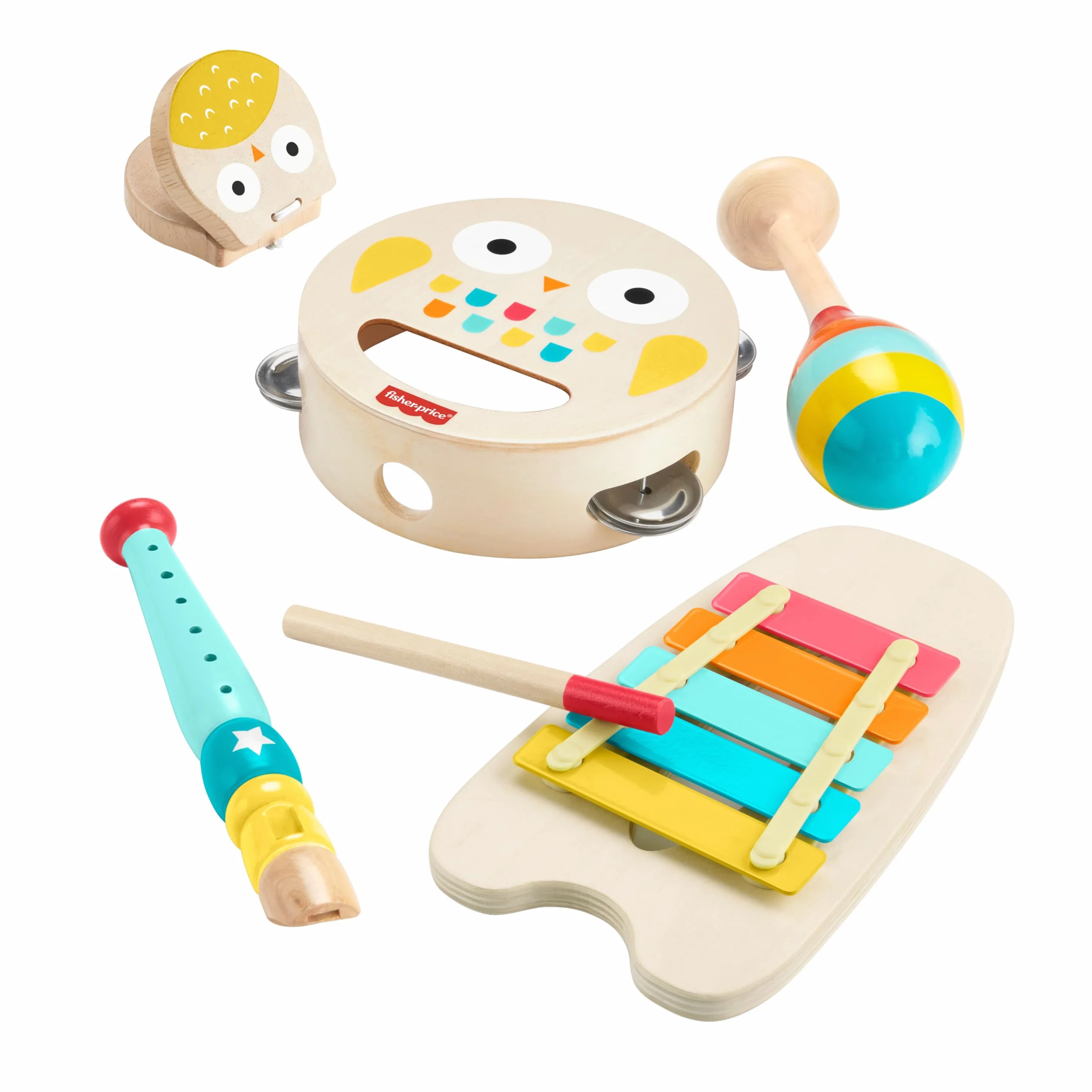 Fisher-Price Drewniane instrumenty Zestaw prezentowy z 6 drewnianymi elementami dla dzieci od 2 roku życia, HXT90