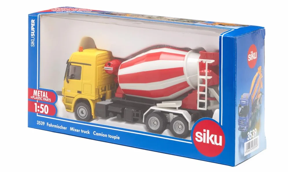 siku 3539, Mercedes-Benz Betoniarka-samochód z zabudową Liebherr, 1:50, Metal/tworzywo sztuczne, Żółty/Czerwony, Zabawka na budowę, Obracany bęben