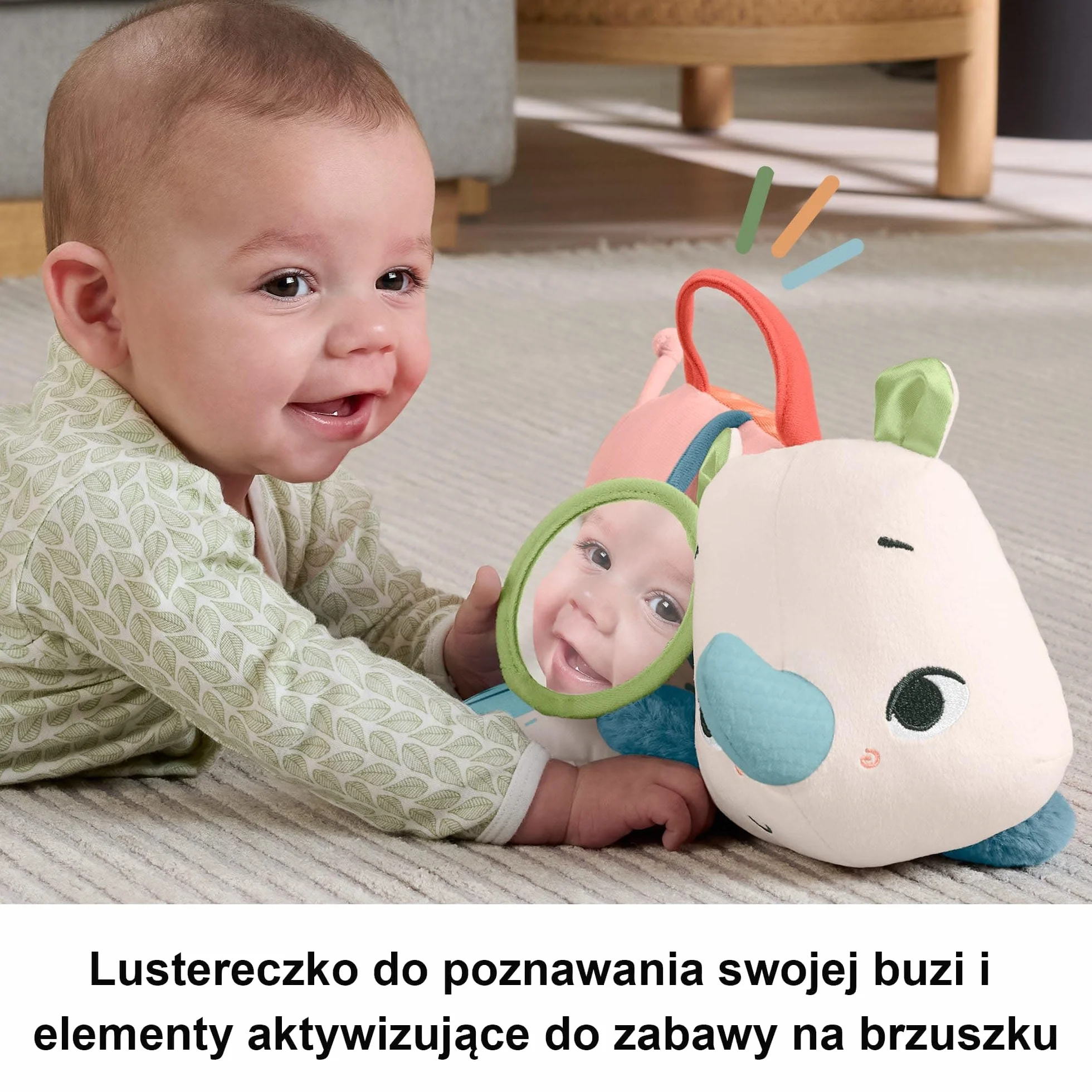 Fisher-Price Planet Friends Nosorożec aktywizujący Miękka zabawka sensoryczna do zabawy na brzuszku, HYR55