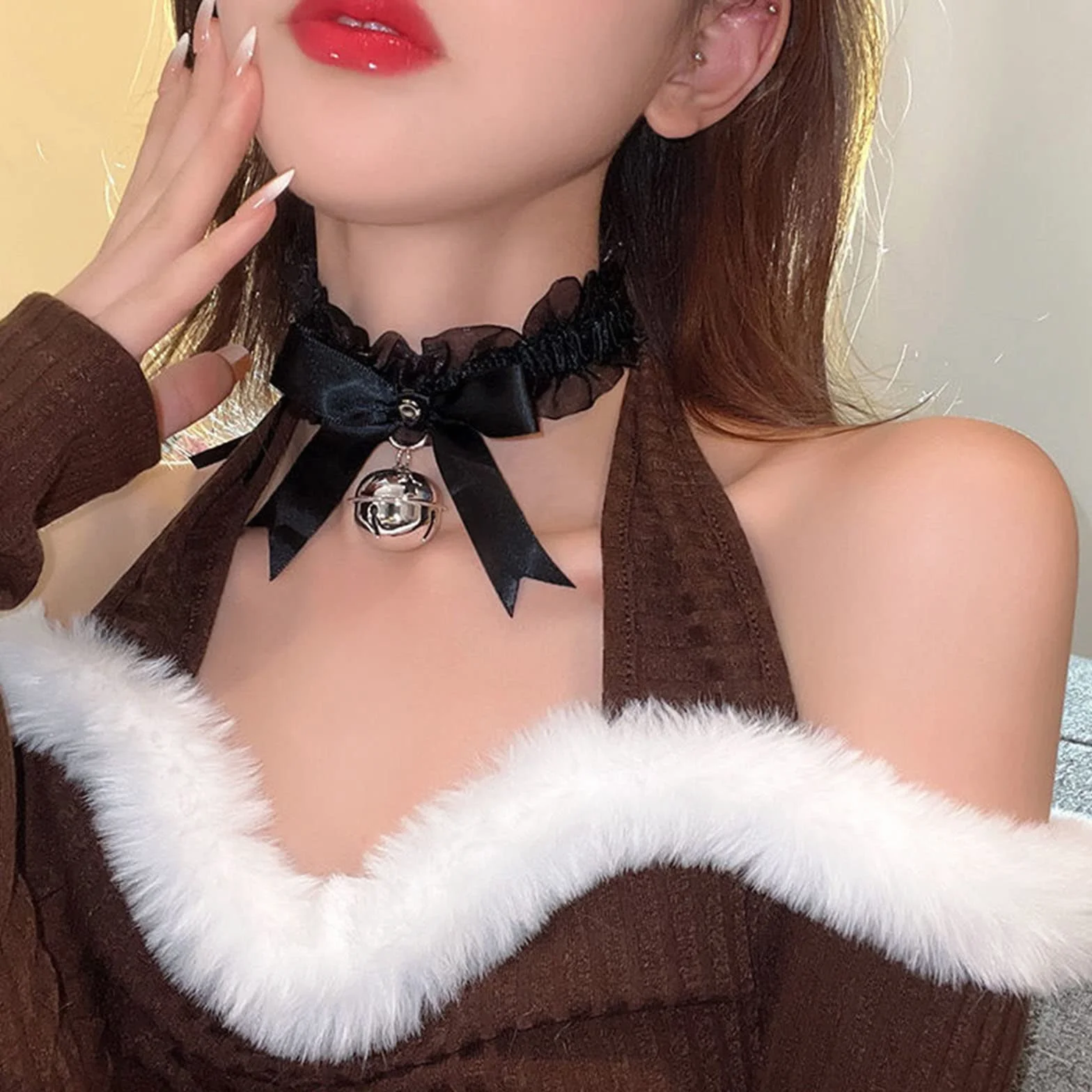 Opaska do włosów z kocimi uszami, opaska na włosy, opaska na czoło, dzwoneczek, naszyjnik ze skóry PU, punk, choker, naszyjniki, koło, ozdoba do włosów na imprezę, do kostiumu, 3 sztuki, czarny, jeden rozmiar