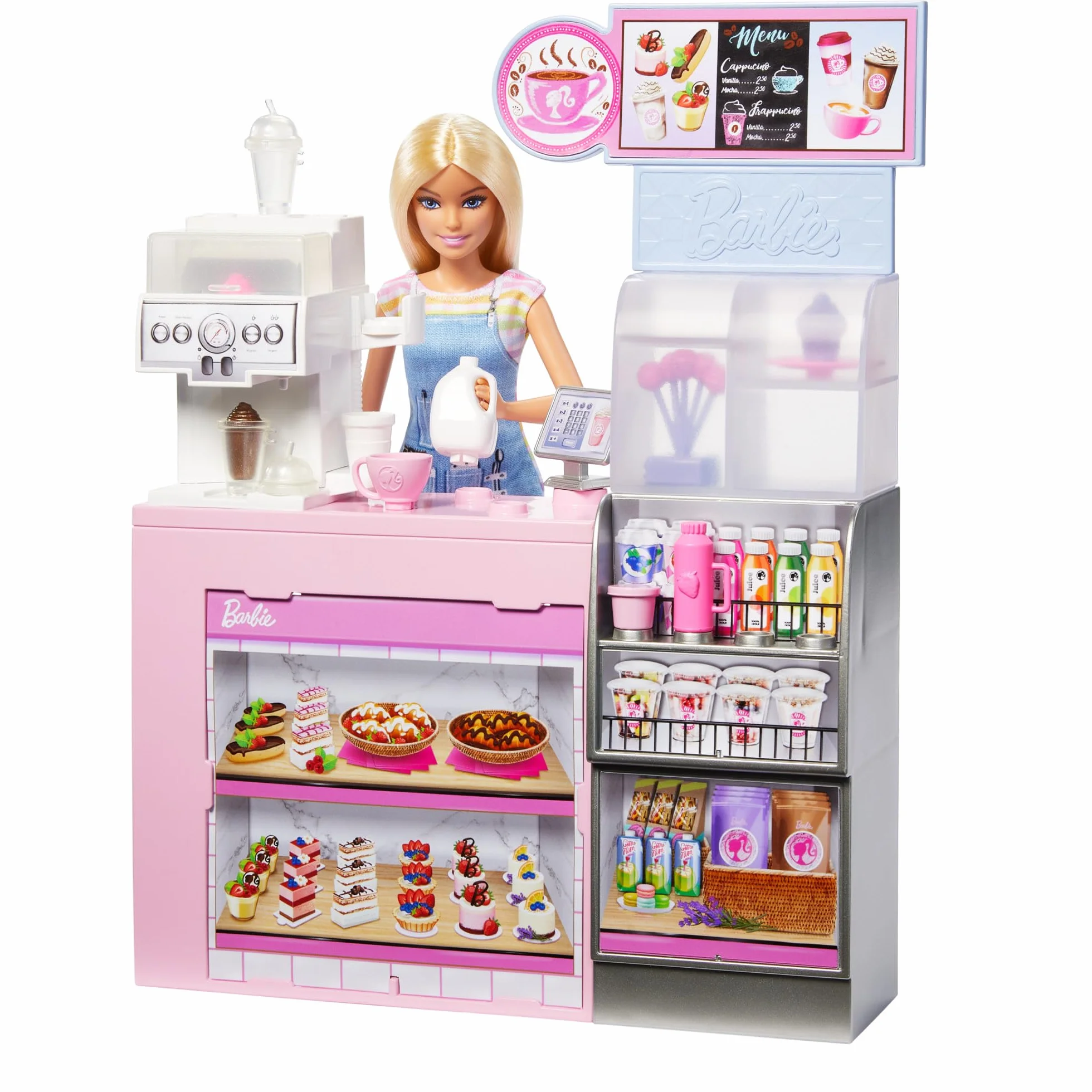 Barbie Kawiarnia Zestaw z lalką baristką i 12 akcesoriami, w tym ekspresem do kawy i maszyną do koktajli w jednym, „jedzeniem” i kubeczkami, HXN94