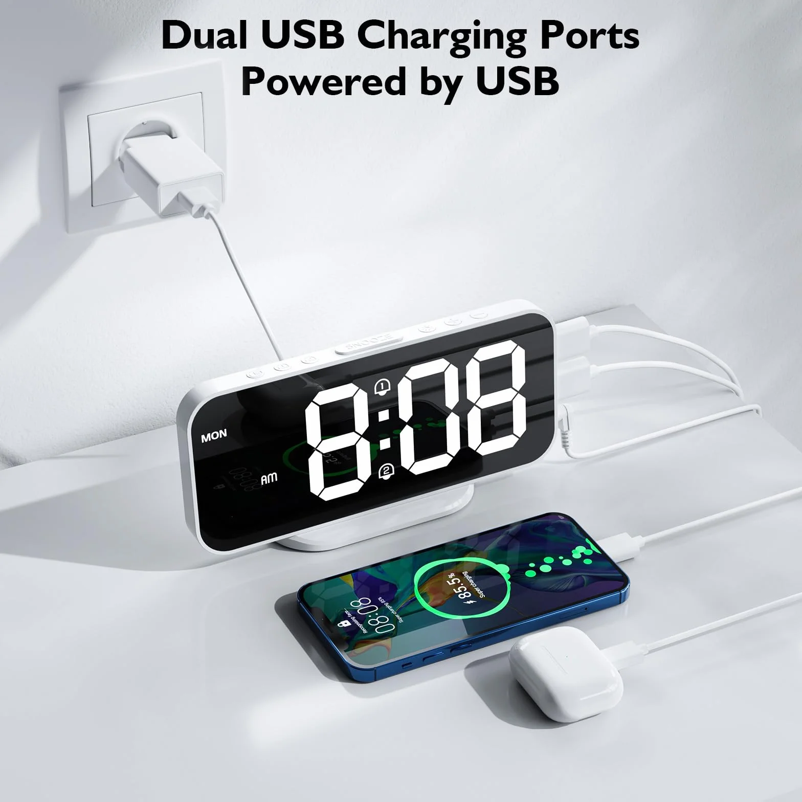 Cyfrowy budzik, LED, lustro, zegar stołowy, ładowany przez USB, budzik podróżny z 2 alarmami, drzemką, drzemką, funkcją sterowania głosem