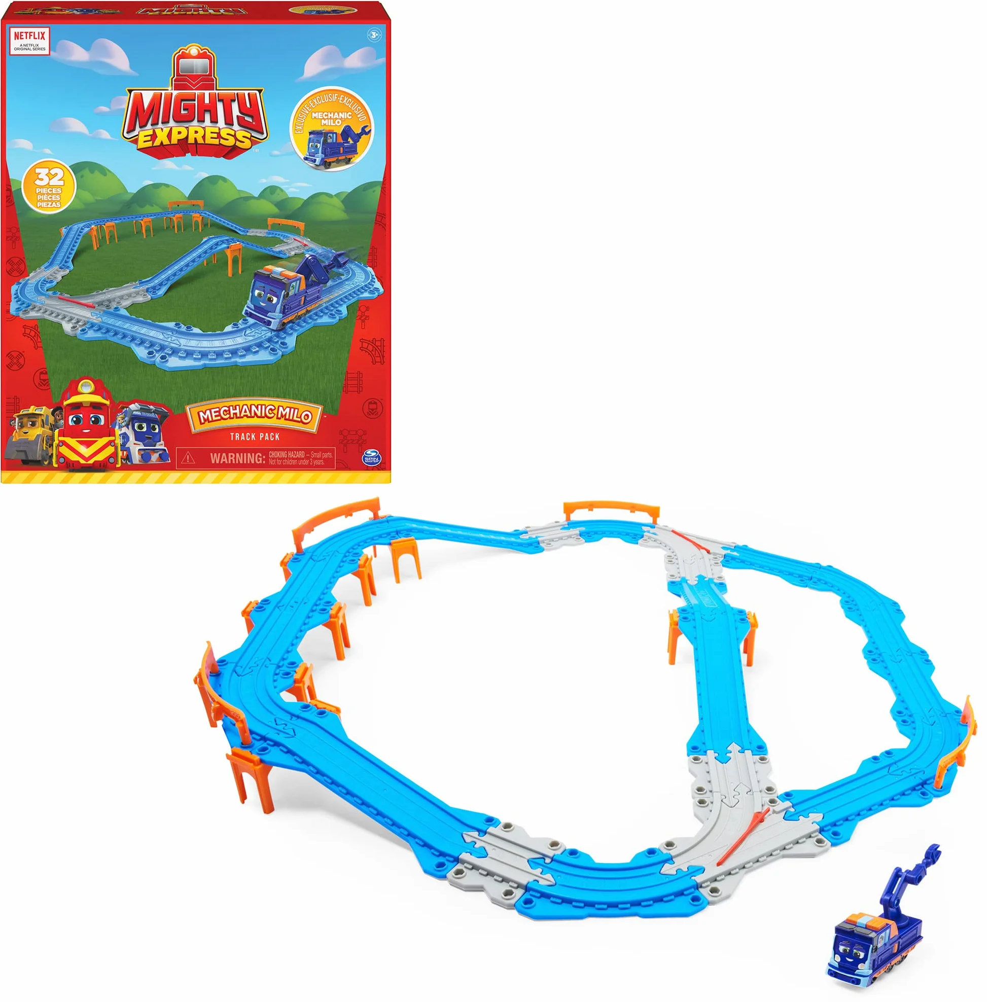 Mighty Express Zestaw 32 sztuk łącznych i ekskluzywny pociąg Milo, zabawki dla dzieci 3+