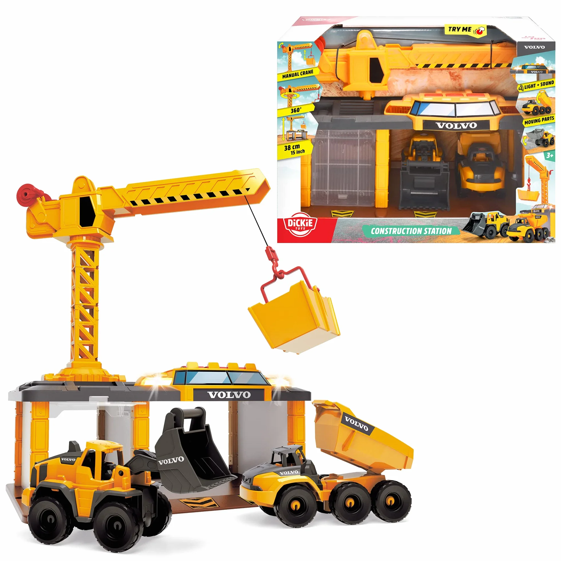 Dickie Toys 203726009 VOLVO Stacja budowlana i pojazdy budowlane koparka, wywrotka, dźwig obrotowy 360°, zestaw plac budowy, światło i dźwięk, prezent dla dzieci od 3 lat, wymiary 22x34x39 cm