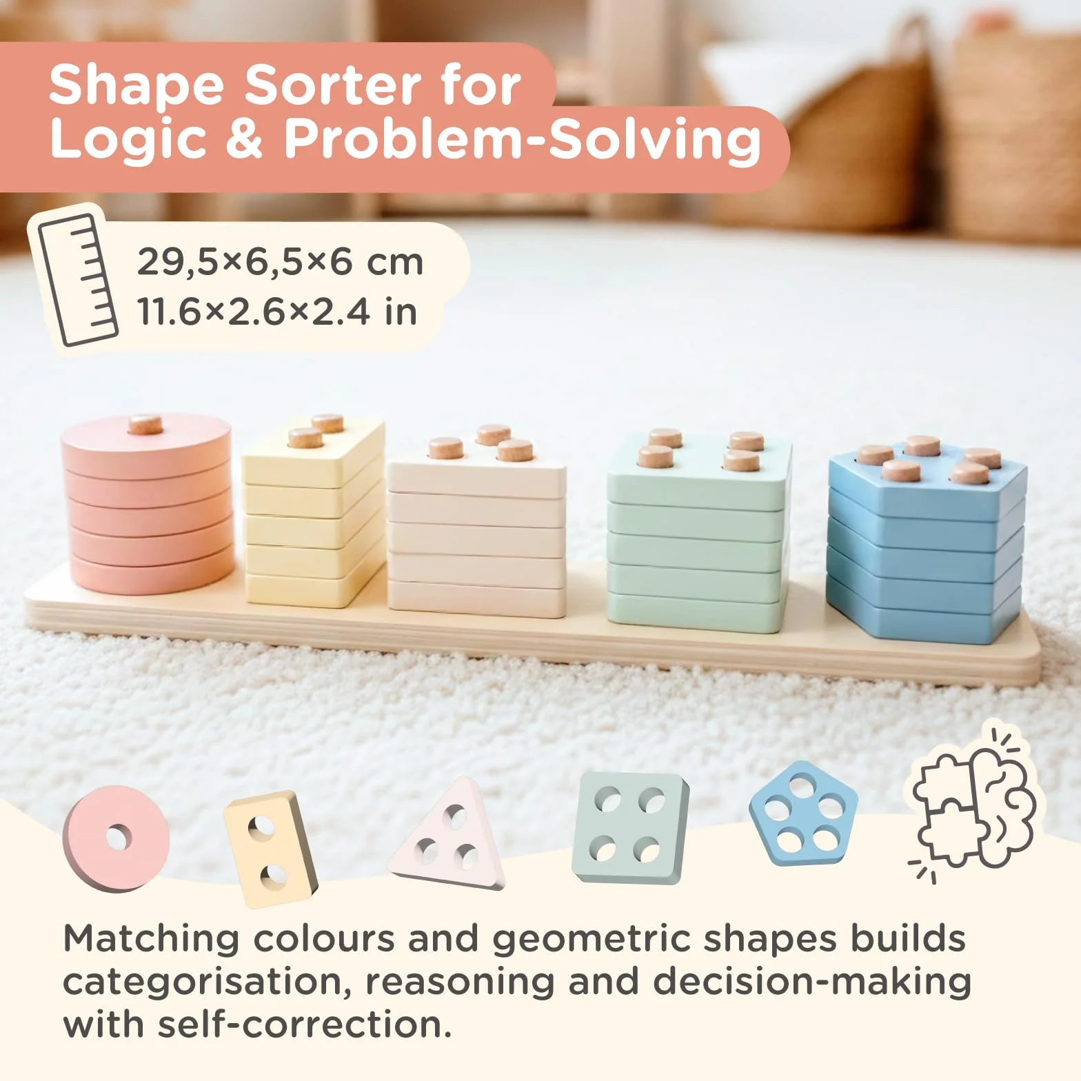 Nene Toys Drewniana Zabawka Montessori 3-w-1 dla Dzieci 1–3 Lata – Tęcza, Wieża do Układania i Sorter Kształtów – Pastelowe Kolory