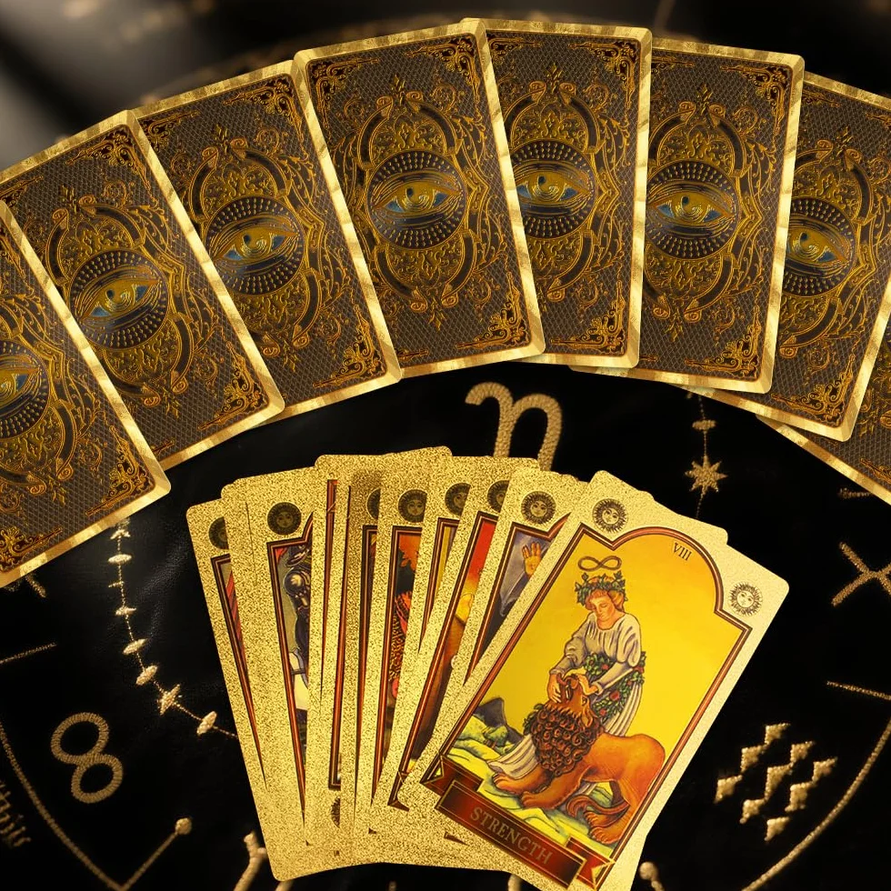 Zestaw tarota, 78+2 karty tarota, złote oko Marsylia Tarot z przewodnikiem, wróżbiarstwo tarota, karty tarota PCV, wodoodporne i bez fałd, zestaw tarota dla początkujących (złoty)