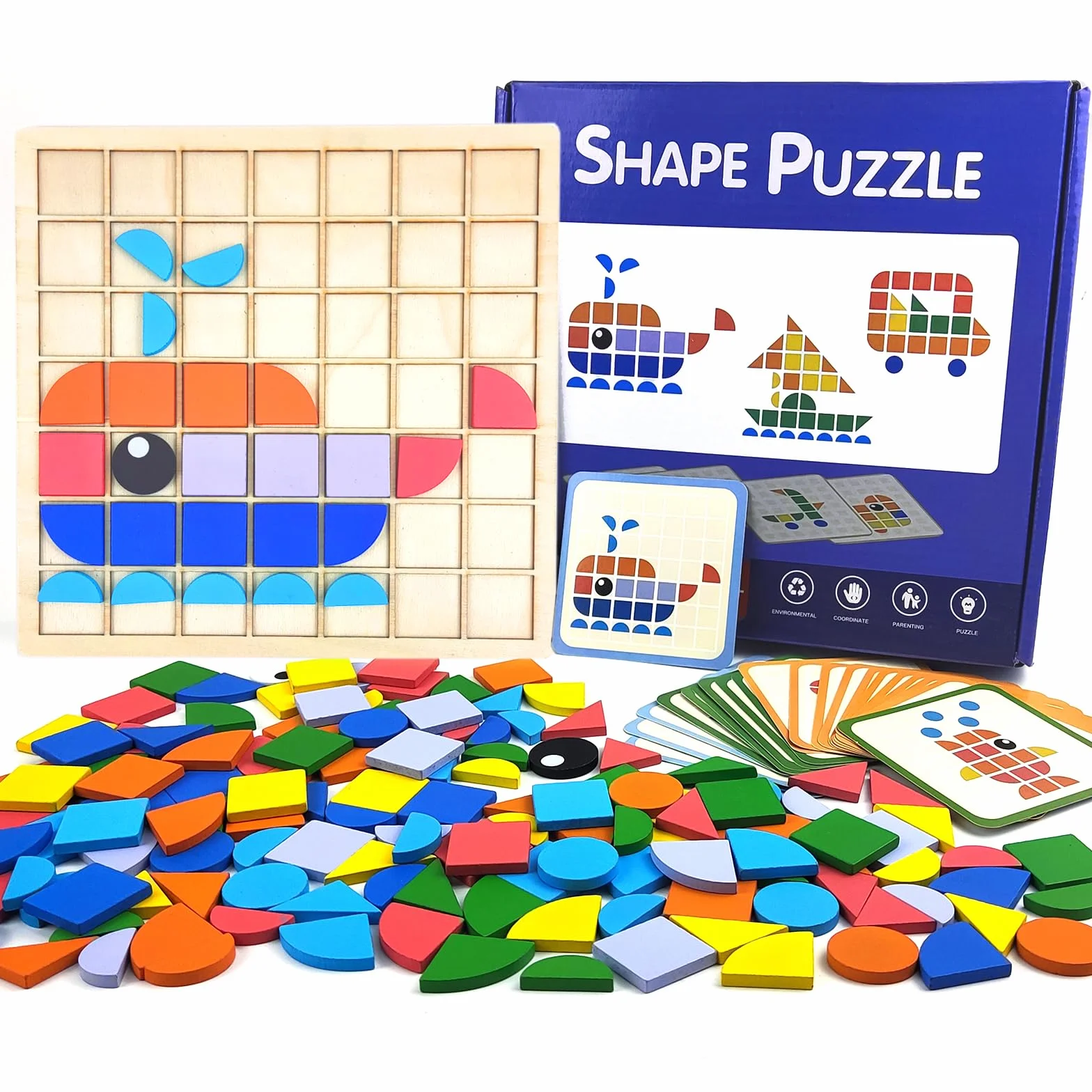 Tangram Drewno, edukacyjna gra mozaikowa dla dzieci 3-6 lat, puzzle kolorów i kształtów, 140 sztuk, 20 kart, gry Montessori, prezent urodzinowy