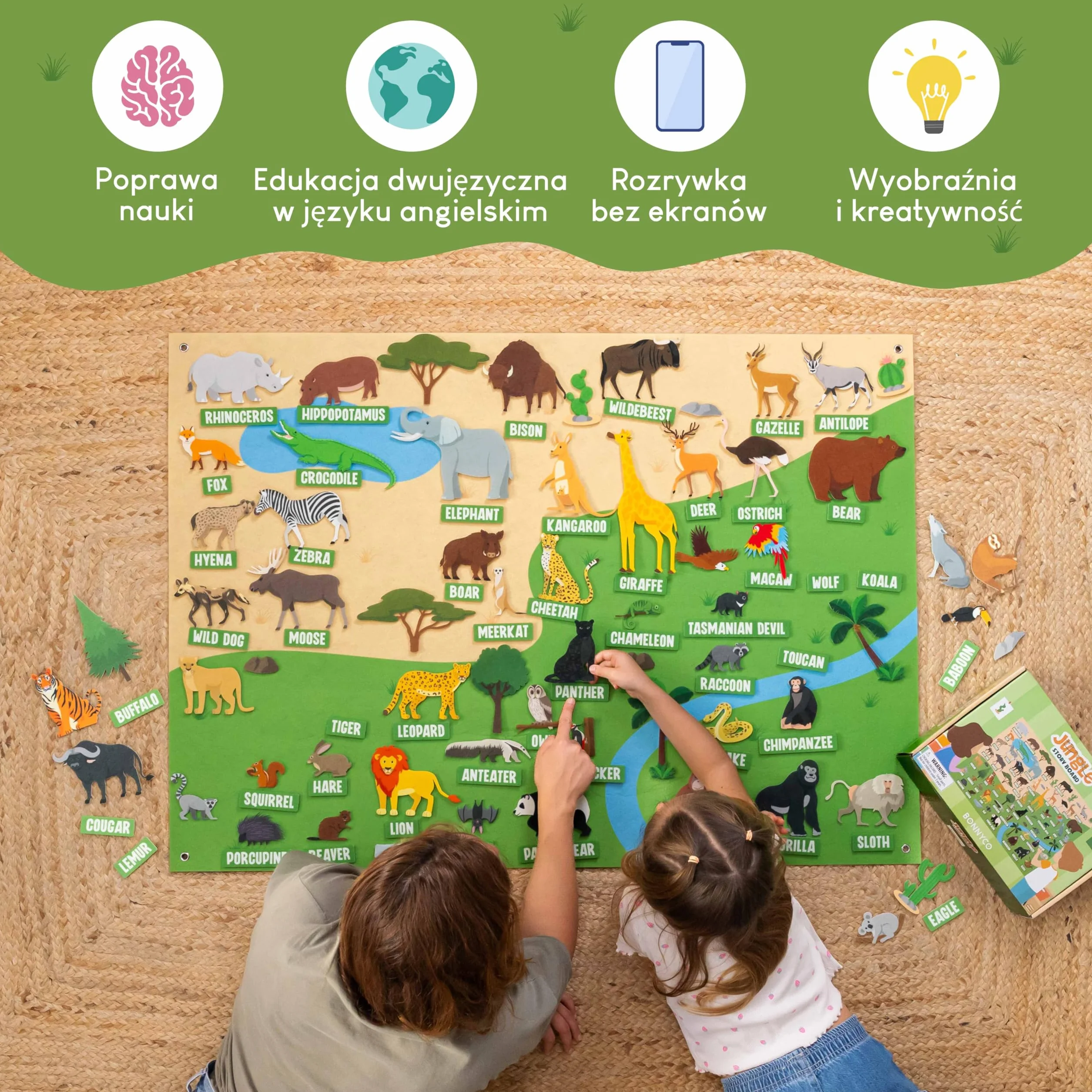 BONNYCO Tablica Filcowa z 116 Figurkami Zwierząt Dżungli. Zabawki Montessori, Prezenty Urodzinowe dla Dzieci w Wieku 3-8 Lat. Panel Sensoryczny dla Autystów, Edukacyjne Materiały