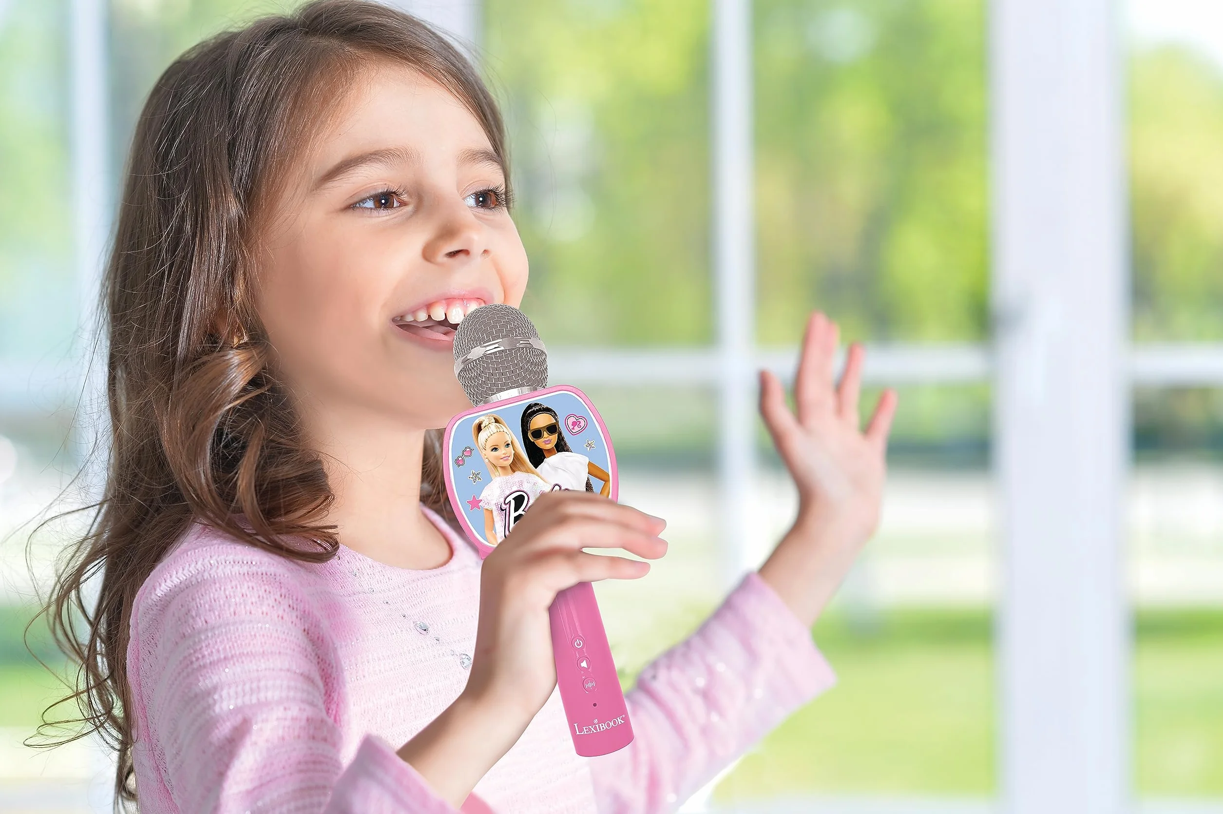 Lexibook Barbie, Mikrofon Bluetooth z Funkcją Zmiany Głosu, Uchwyt na Telefon w Zestawie, Wbudowany Głośnik, Różowy, MIC240BB, Jeden Rozmiar