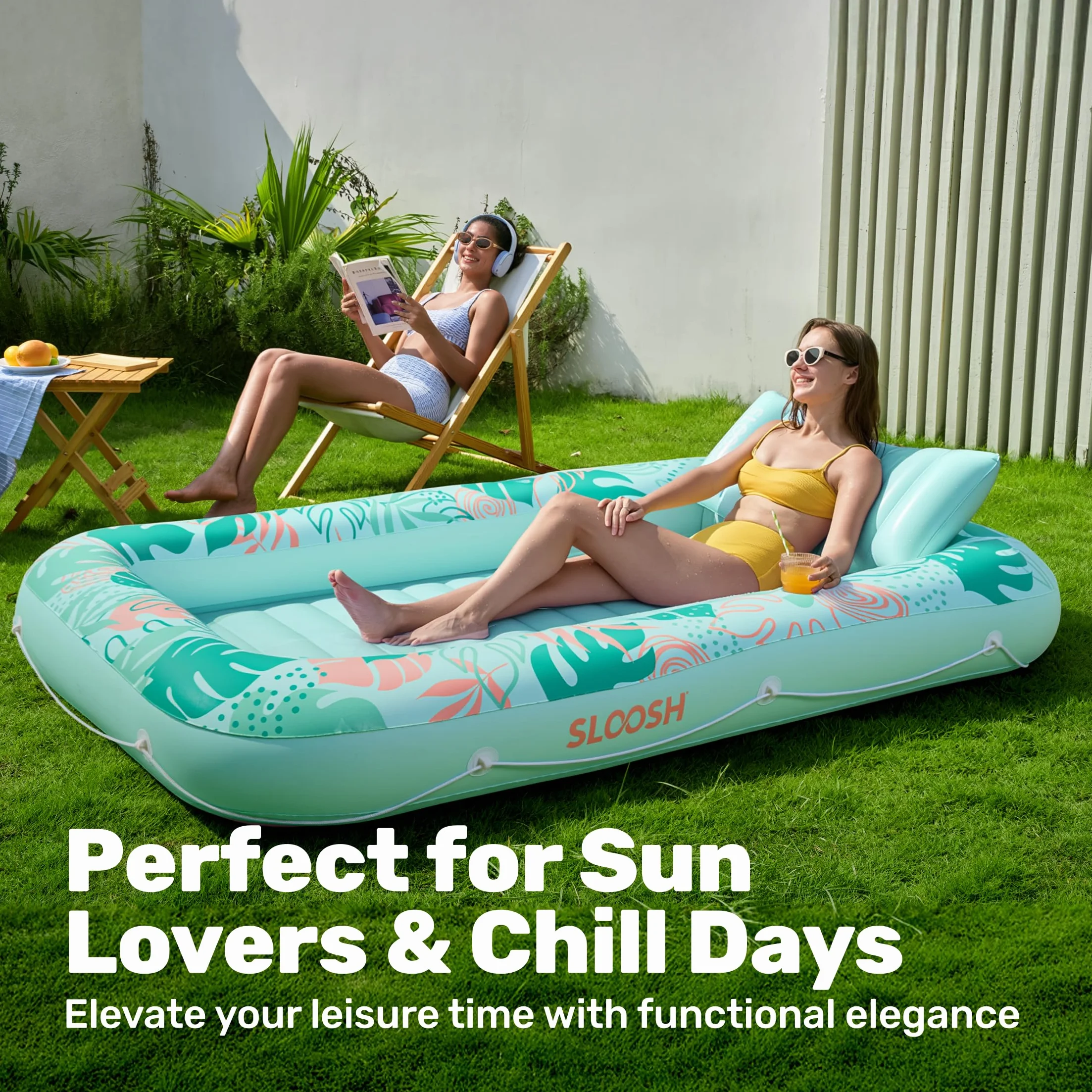 Sloosh Nadmuchiwany leżak do opalania basenem, rozmiar XL, 2,1 x 1,4 m, bardzo duży Suntan Sun Tan Tub for Adults, Bed Blow up, Raft Lounge Floatie, XL-Blushing Pink