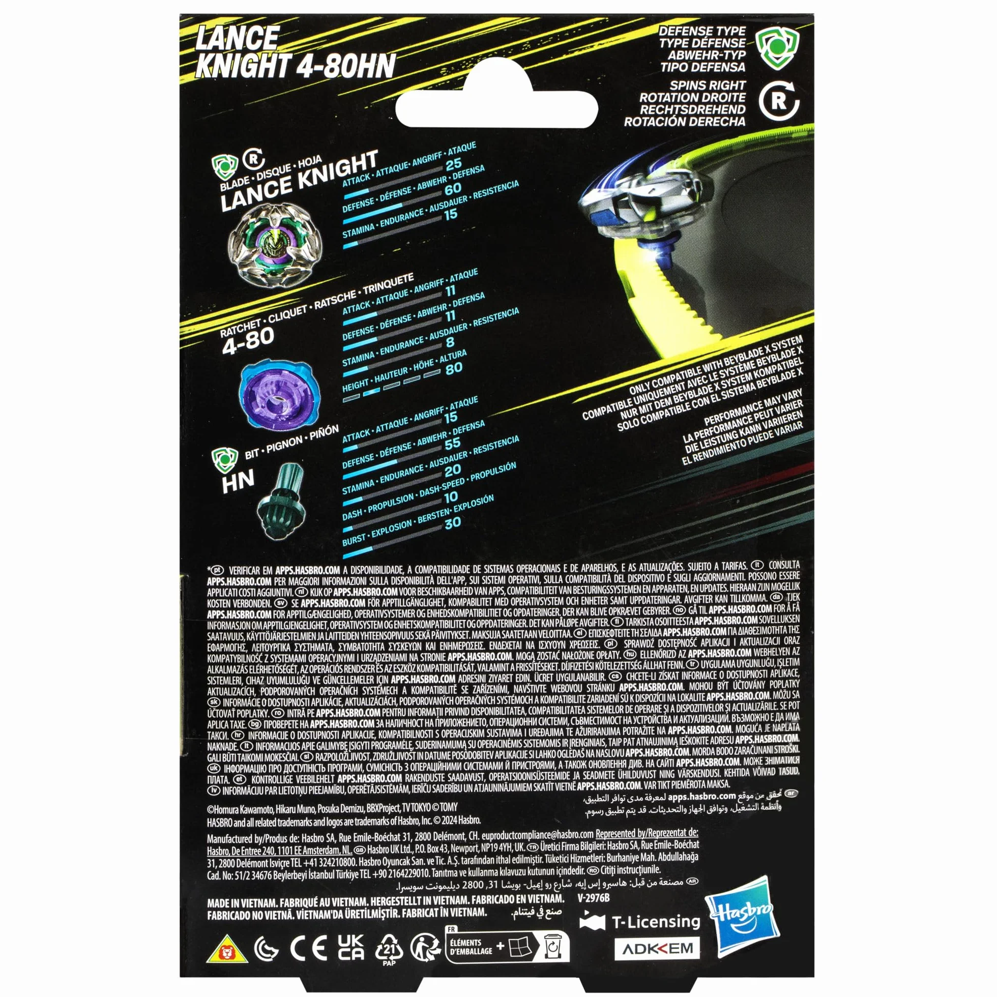 Beyblade X, zestaw startowy Lance Knight 4-80HN z topem i wyrzutnią
