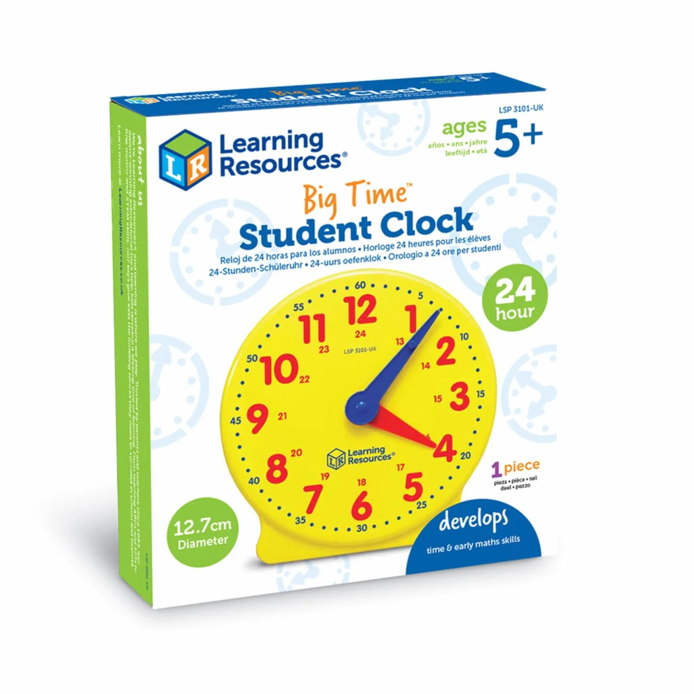 Learning Resources LSP3101-UK duży 24-godzinny student, manipulacje matematyczne do mówienia czasu, zegar analogowy do nauki dzieci, jeden rozmiar
