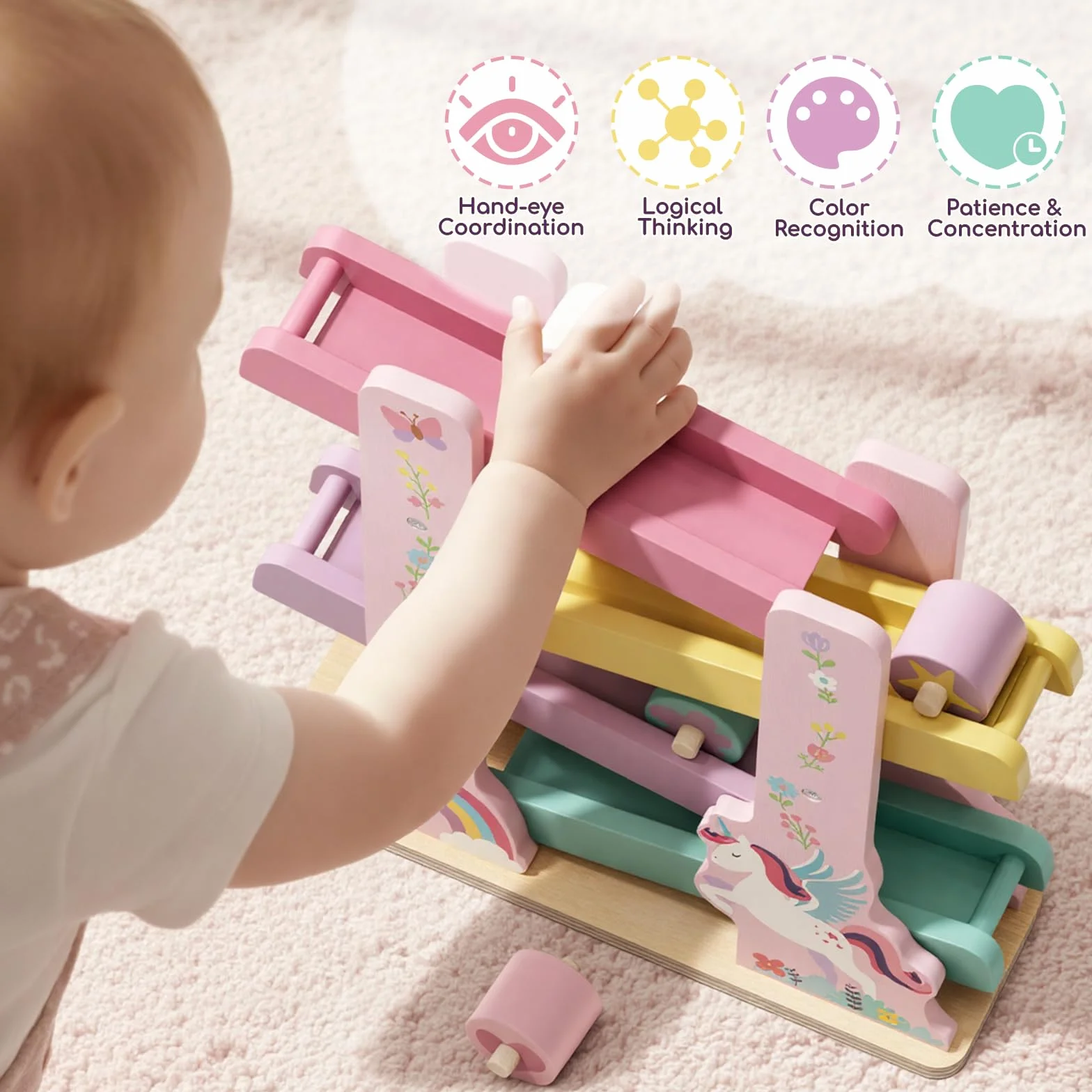 Lehoo Castle, Montessori zabawka dla 1‑latków, drewniana rampa samochodowa Jednorożec, 4 autka, zabawki edukacyjne dla chłopców i dziewczynek 1‑2 lata