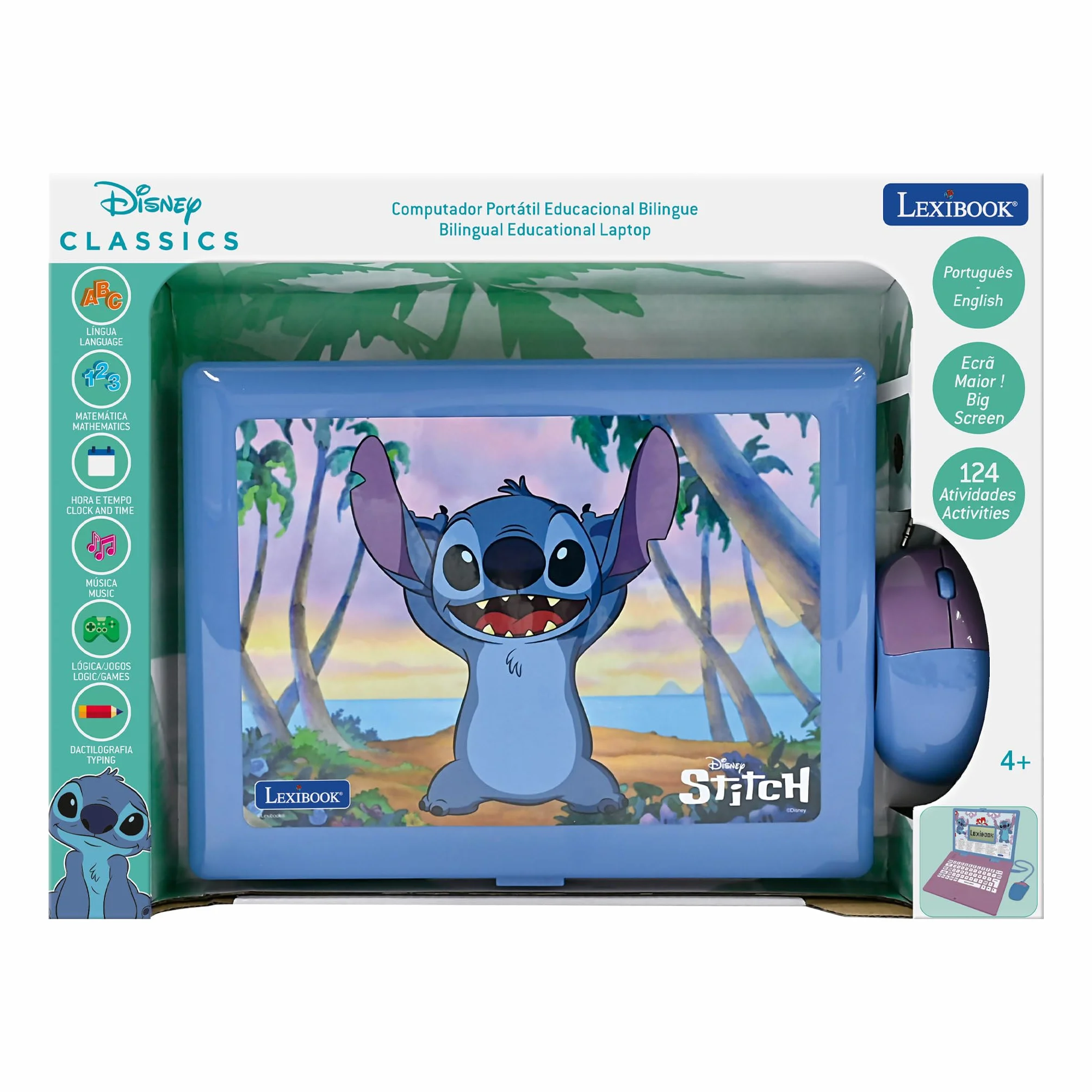 Lexibook, Disney Stitch, dwujęzyczny angielski/portugalski laptop edukacyjny, 124 zajęcia językowe, pisanie, matematyka, logika, muzyka i gry, dla chłopców i dziewcząt, JC598Di4