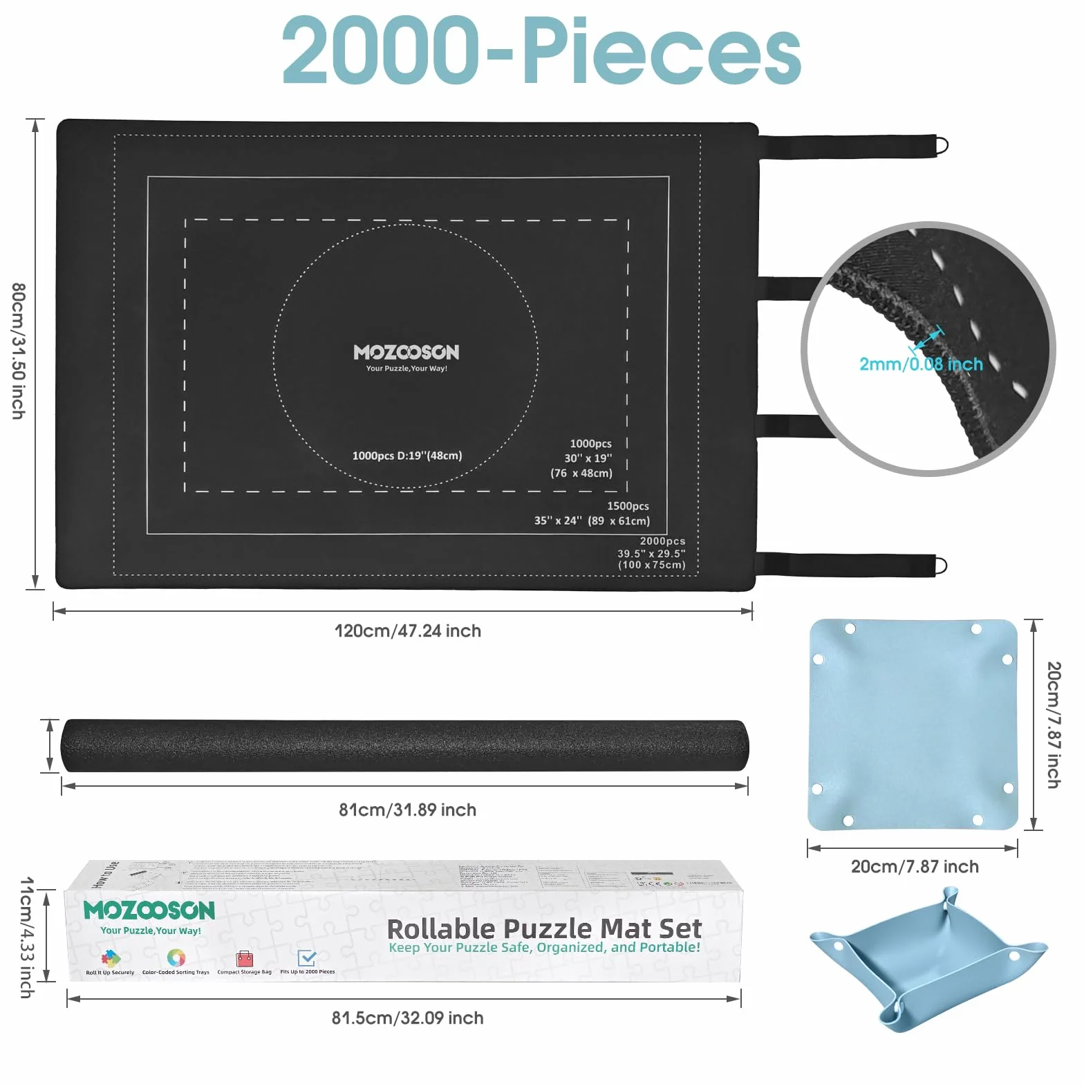 MOZOOSON Zwijana mata do puzzli 2000 sztuk - kompletny zestaw z 8 tackami, etui na prezent - gumowa mata 80 x 120 cm do przechowywania i transportu, na 1000/1500/2000 sztuk