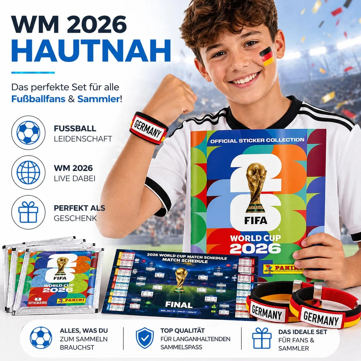 Panini WM 2026 zestaw naklejek i albumów – Mistrzostwa Świata 2026 – piłka nożna – łańcuszek z kwiatów – plan meczów