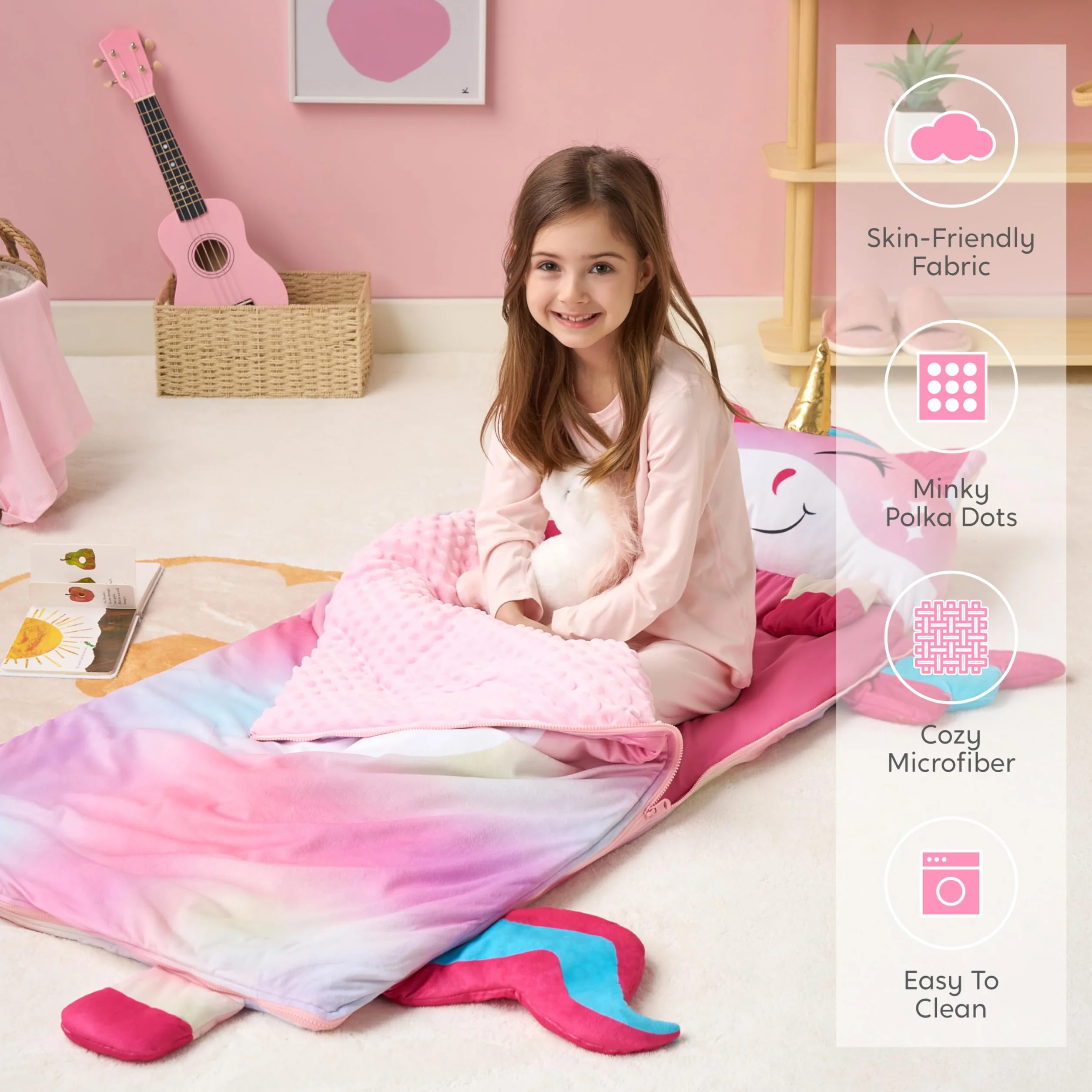 JOIEDOMI Kolorowy śpiwór z jednorożcem, 167 x 77 cm, z zamkiem błyskawicznym, poduszką i kocem - od 3 lat - śpiwór dla małych chłopców i dziewczynek w wieku przedszkolnym