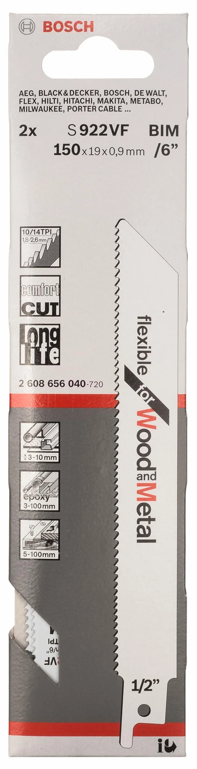 Bosch Professional 2x Brzeszczot do piły szablastej S 922 VF Flexible for Wood and Metal (Drewno, Metale żelazne, Tworzywo sztuczne, 150 mm, Osprzęt do Pił Szablastych)