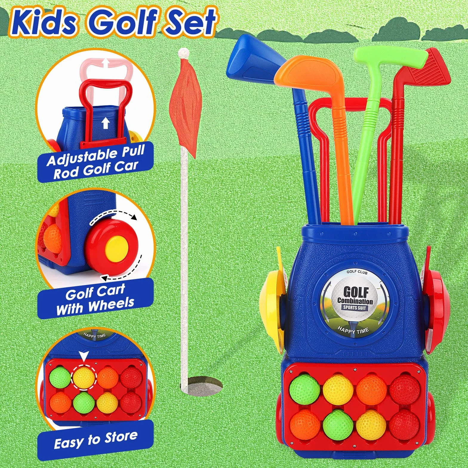 deAO Zestaw golfowy dla maluchów, zabawki do gry w golfa, do użytku wewnątrz i na zewnątrz, z 8 piłkami, 4 kijami golfowymi, 2 otworami treningowymi