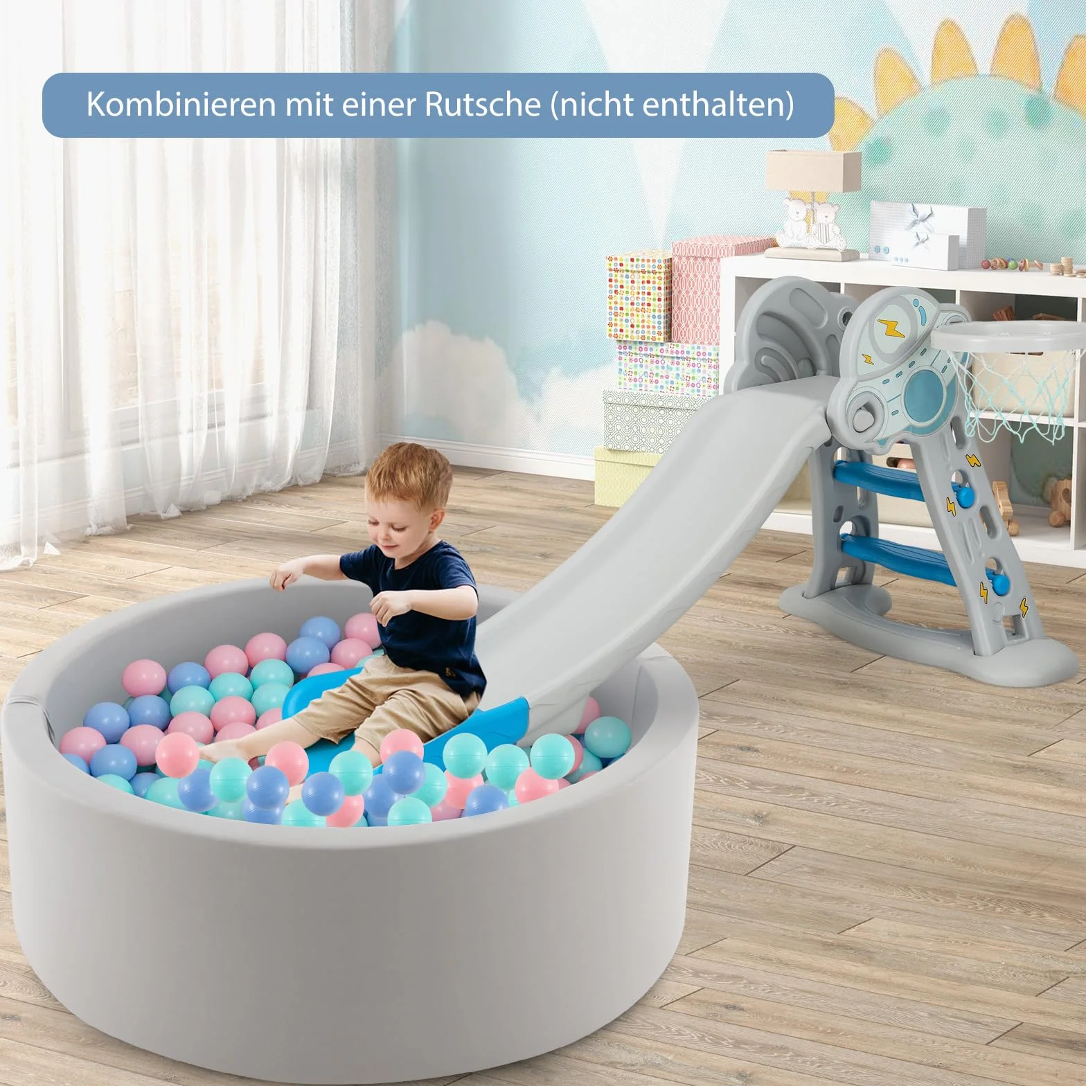 COSTWAY Basen z piłkami z 200 piłkami, basen z piłkami 90 x 30 cm, w zestawie zdejmowana mata podłogowa i poszewka nadająca się do prania w pralce, okrągłe doły z piłkami, grubość 5 cm, szary