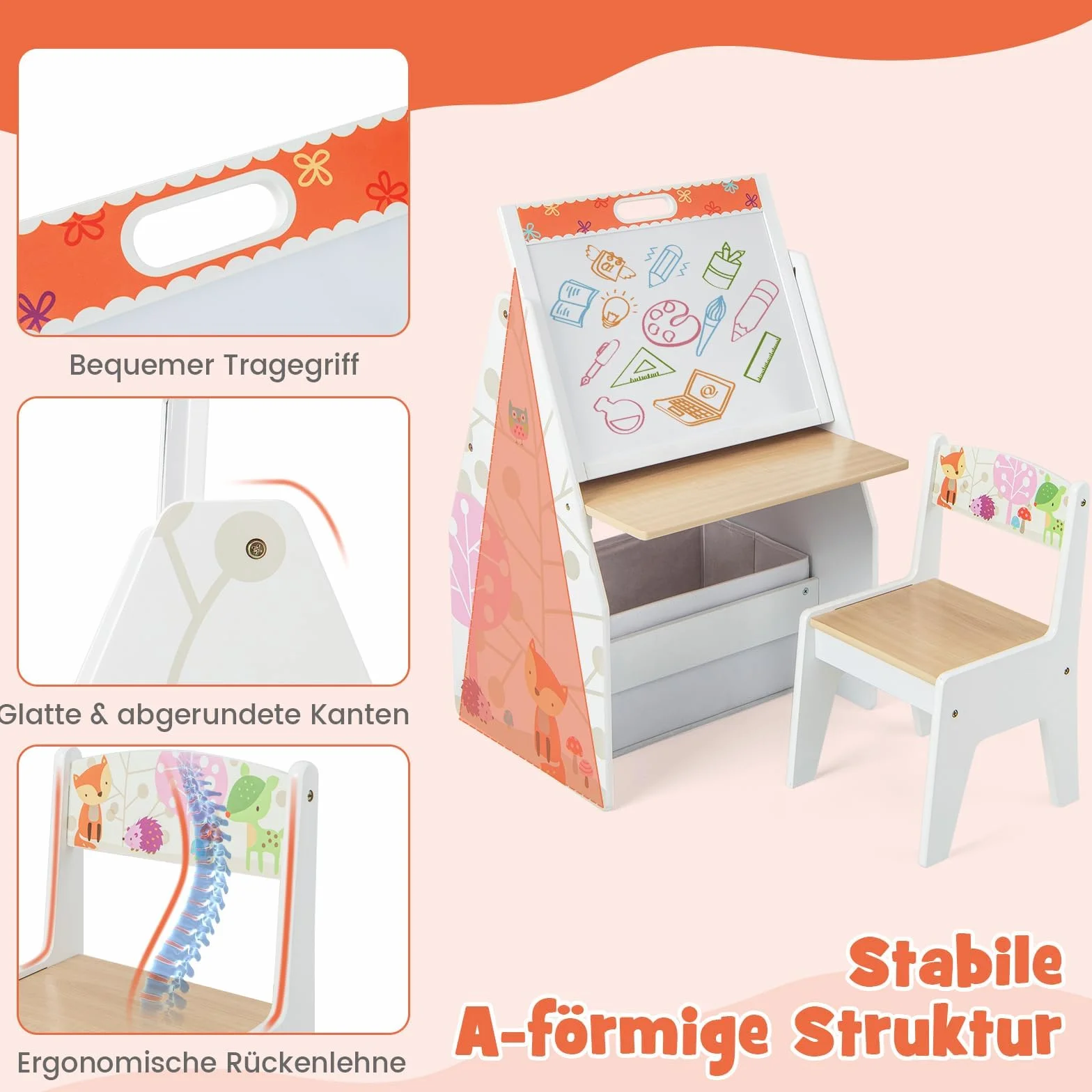 COSTWAY Stół dziecięcy 3 w 1, sztuczna sztaluga i tablica do pisania kredą, zestaw mebli do siedzenia dla dzieci z tablicą magnetyczną i białą tablicą, koszem materiałowym i regałem na książki, regał