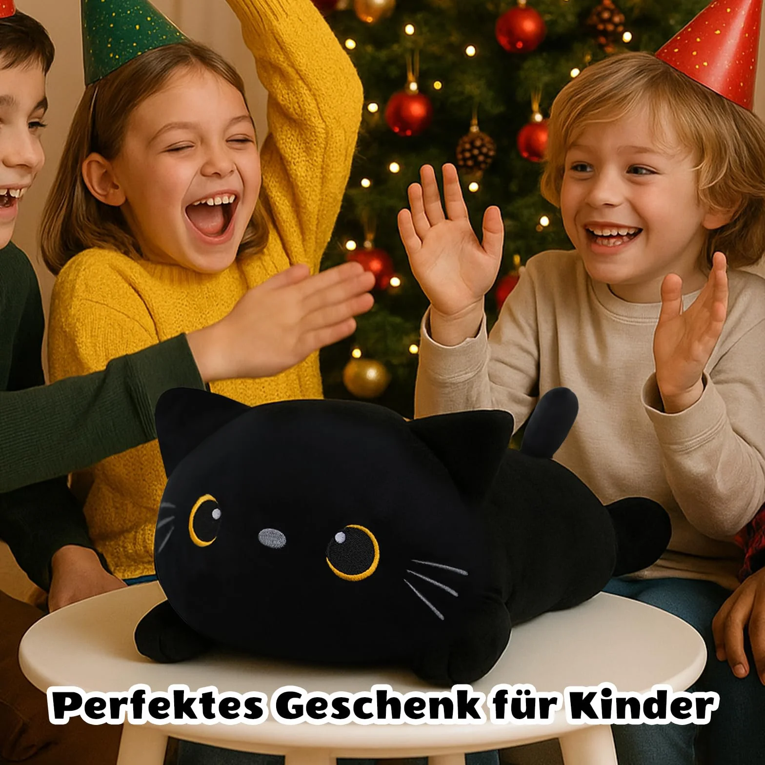 SQEQE Black Cat Plushies wypchane zwierzęta z 4 niemowlętami, śliczny czarny kot, pluszowa poduszka, miękka zabawka, prezent urodzinowy dla dziewcząt, chłopców