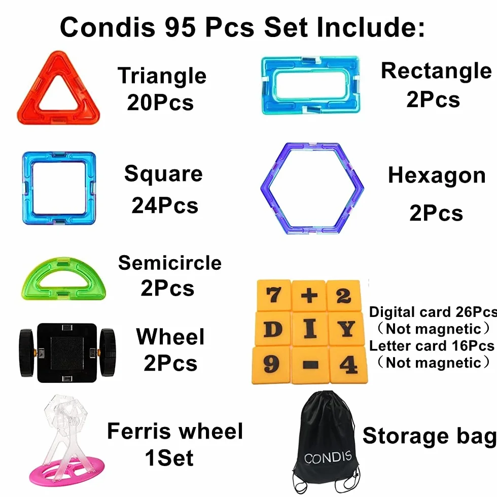 CONDIS Klocki Magnetyczne 95 Części, Magnetyczne Klocki dla dzieci Konstrukcyjne zabawki dla 3 4 5 6 7 Latka Prezent Chłopców Dziewczynek Kreatywne Zabawki Gry Przedszkola Świąteczne Prezent