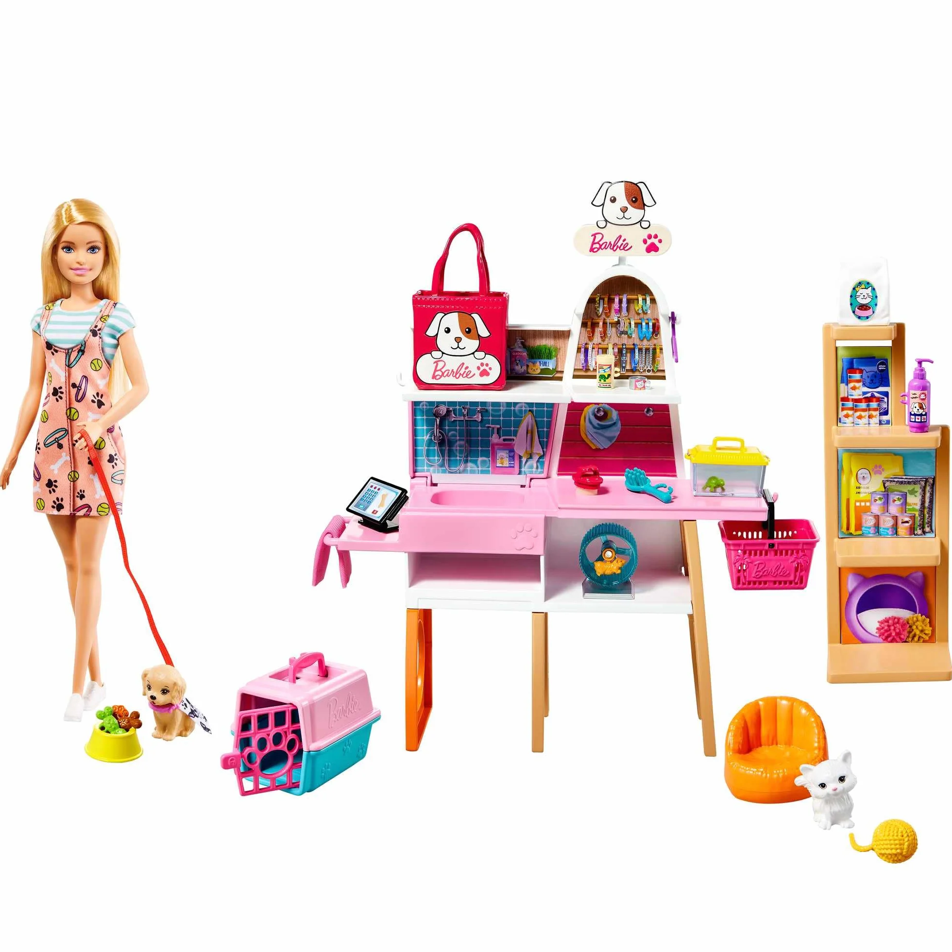 Barbie Grg90 Zestaw dla Lalek i Salonów dla Zwierząt z 4 Zwierzakami, Zmieniająca Kolor Funkcja Pielęgnacji, Prezent dla Dzieci 3-7 Lat