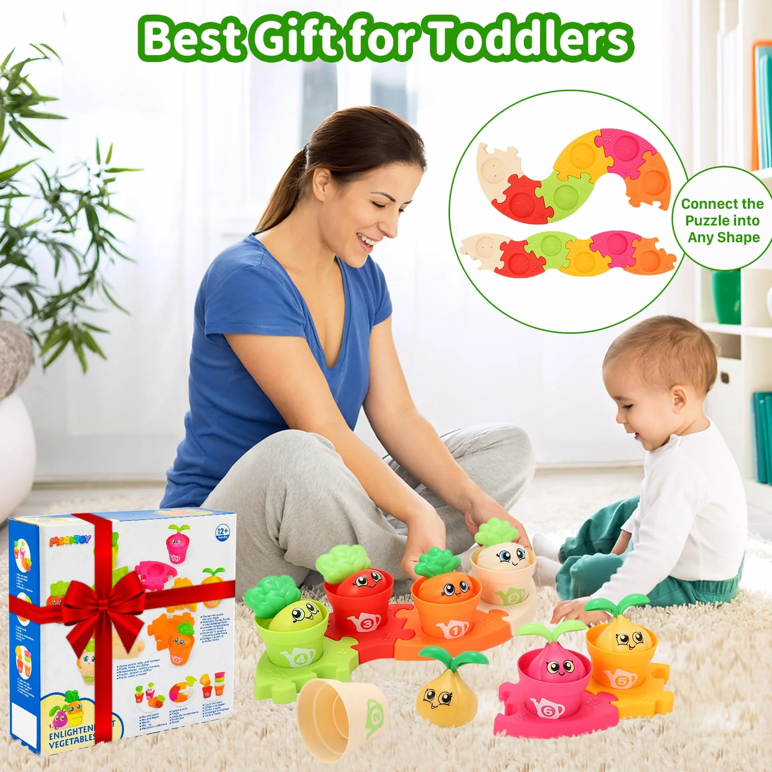 MOONTOY Montessori gry 1 rok, zestaw 18 doniczek i puzzli, liczenie, dopasowanie, sortowanie kolorów i zabawki do układania w stos, zabawki edukacyjne, prezenty dla chłopców, dziewcząt, 1, 2, 3 lata