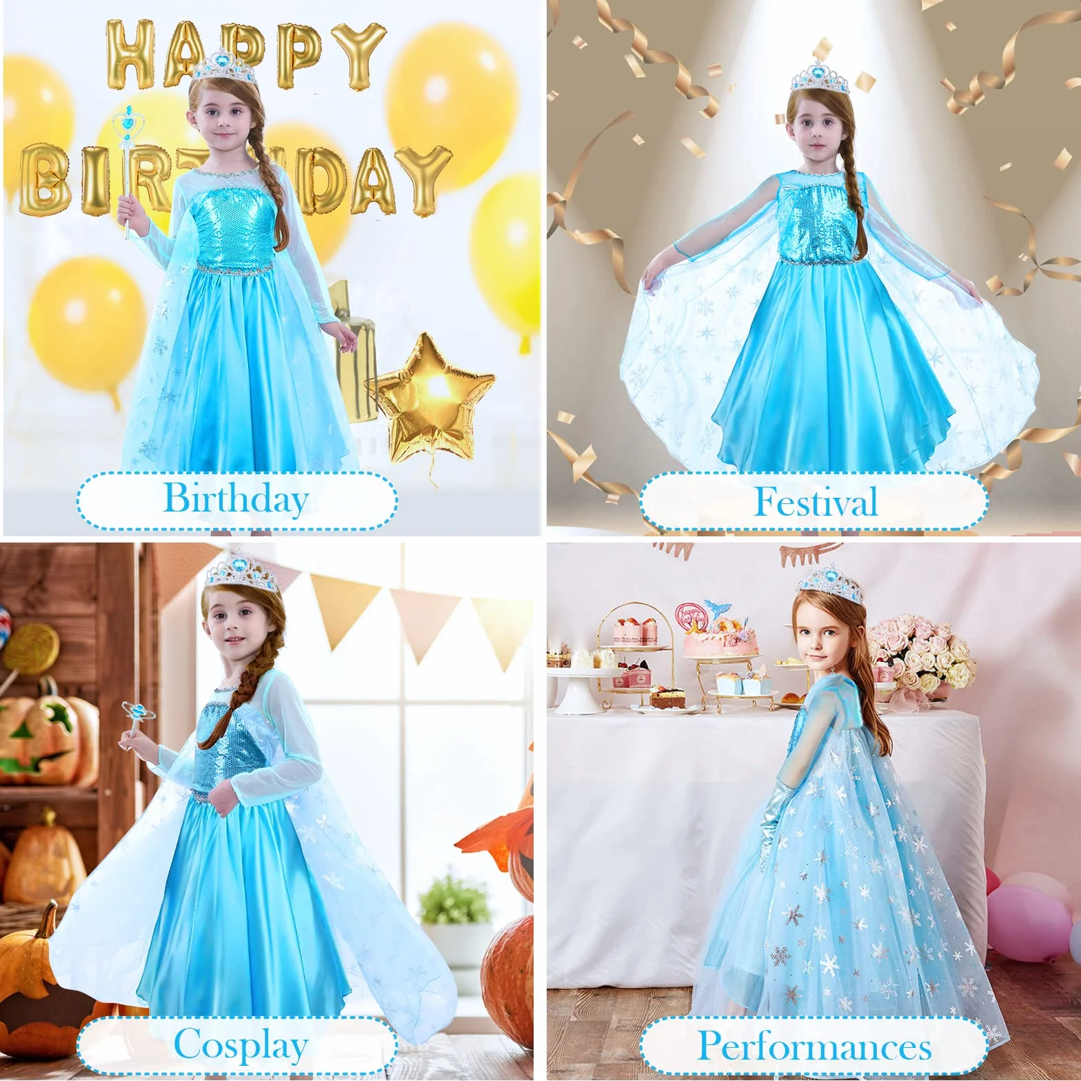 URAQT Kostium Elsa, Kostium Księżniczka Dziewczyna z akcesoriami do Cosplay, Księżniczka Elsa z błyszczącym płaszczem płatków śniegu, Kostium Dziewczyna na Halloween Cosplay Urodziny Karnawał, 120cm