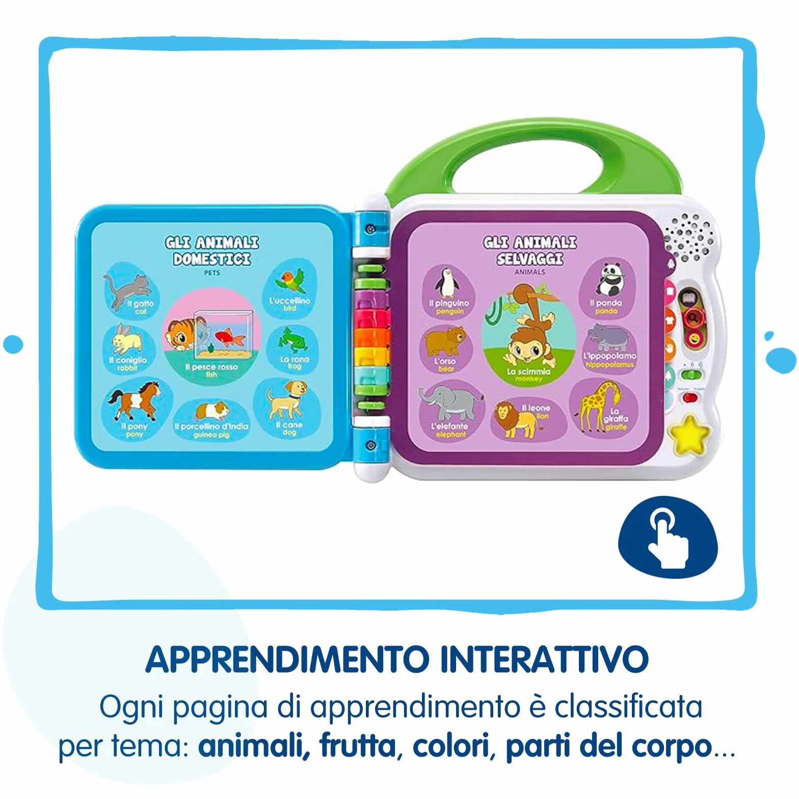 VTech Moja pierwsza ilustrowana książka - Le Mie Prime 100 słów, dwujęzyczna książka dla dzieci, książka sensoryczna w języku włoskim i angielskim, książka dla noworodków z 3 trybami, z bateriami, 18