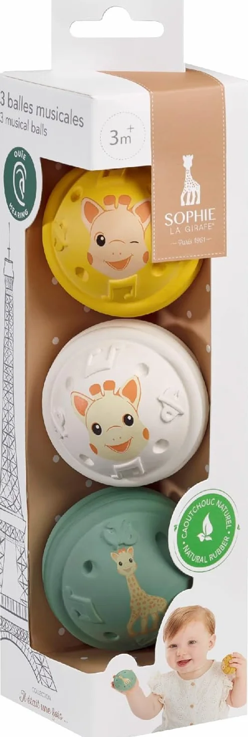 Sophie la Girafe - 3 piłki muzyczne Sophie la Girafe - zestawy przebudzenia - Różne dźwięki - Guma - Lekkie i łatwe do trzymania - Dla dzieci od 3 miesięcy