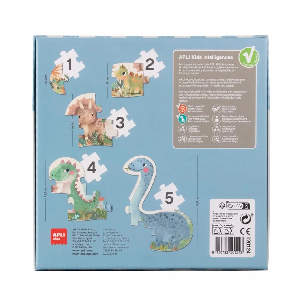 APLI Kids 20124 -My First Dinos, 5 progresywnych puzzli z dużymi kawałkami do wykonania 15-częściowej kompletnej układanki, odpowiednie dla dzieci od 2 lat