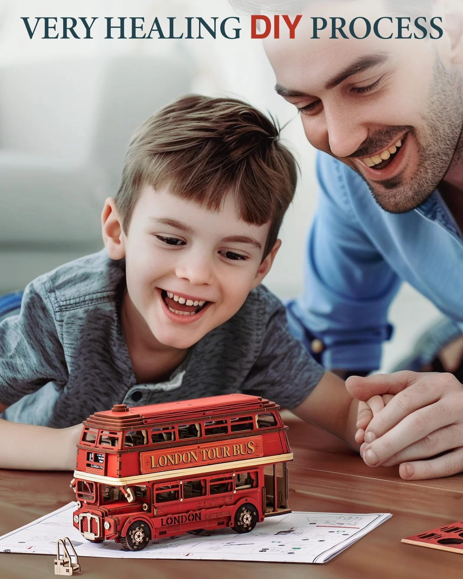 ROWOOD Drewniane puzzle 3D London Tourbus, kreatywny zestaw modelarski dla dorosłych do budowania