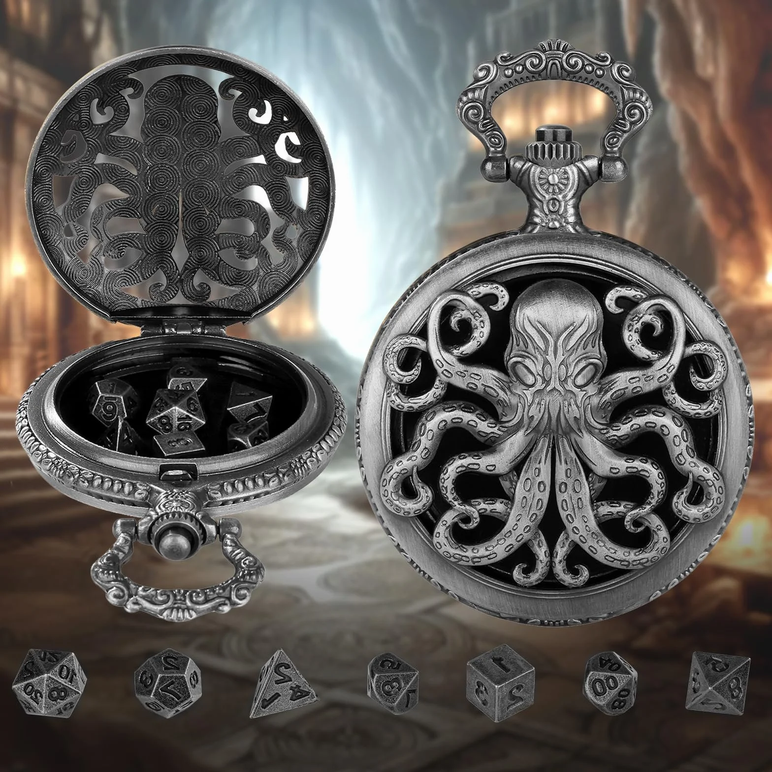 Mini gra w kości DND, DND gra w kości z wydrążonym Steampunk Ośmiornica Kieszonkowy zegarek