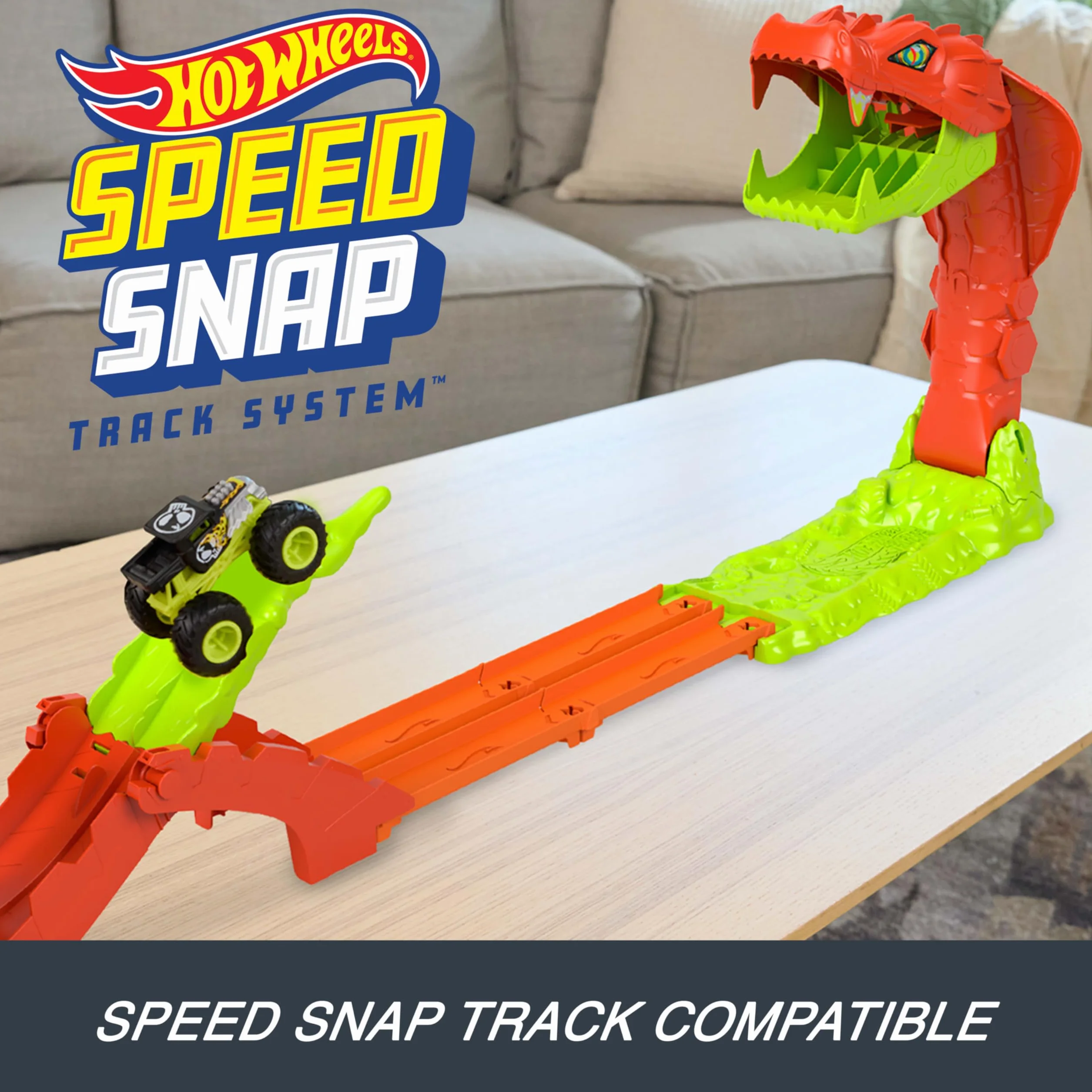 Hot Wheels Monster Trucks Mega skok Nokaut węża Zestaw Bone Shaker 1:64 tor wyścigowy zabawka dla dzieci 4+ JJN44
