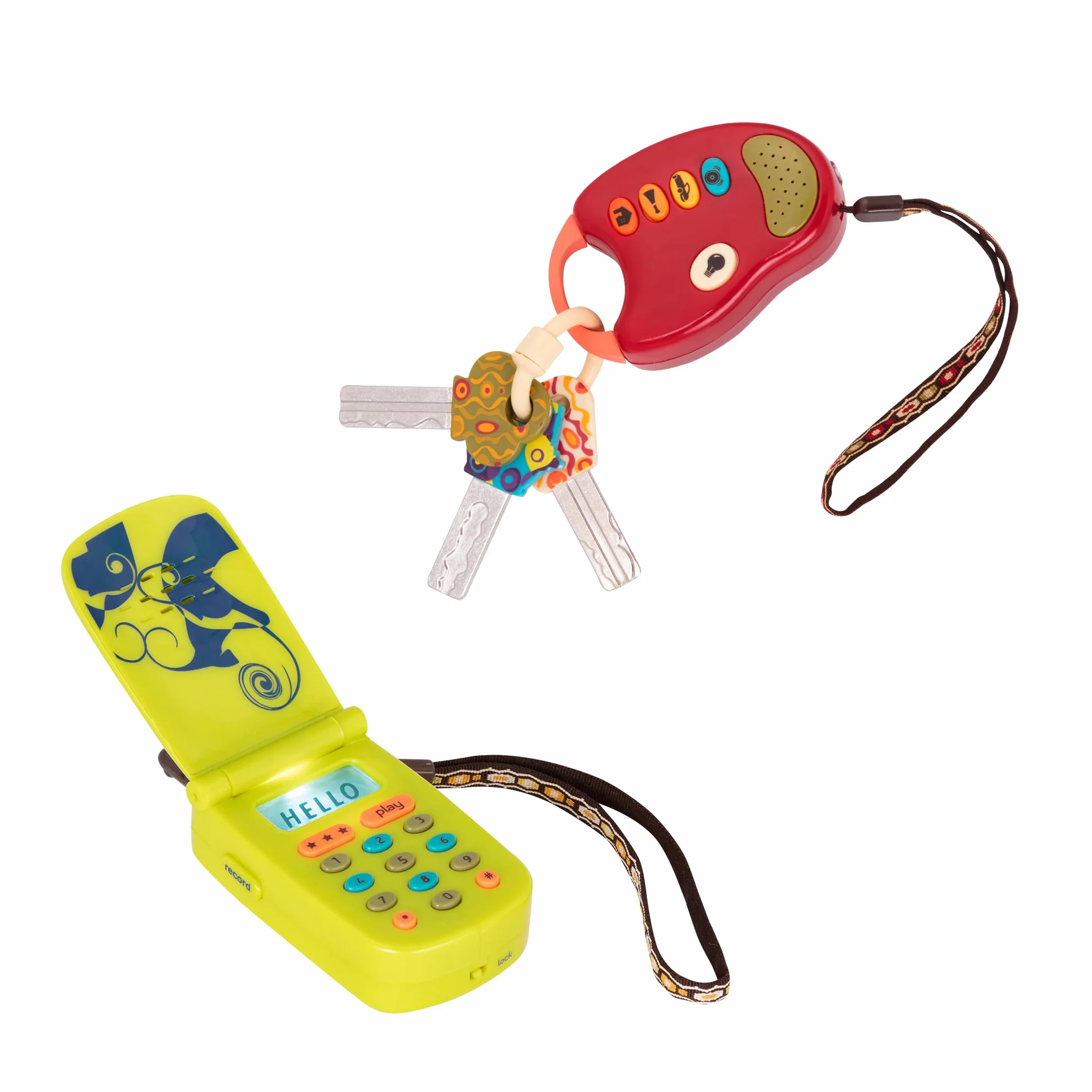 B. toys BX2367Z Cellphone samochodowy – 2 szt. sensory Bundle – developmental Toy for Babies, Toddlers – Red Keys & Green Play Phone – 10 miesięcy + – FunKeys + Hellophone, Multi