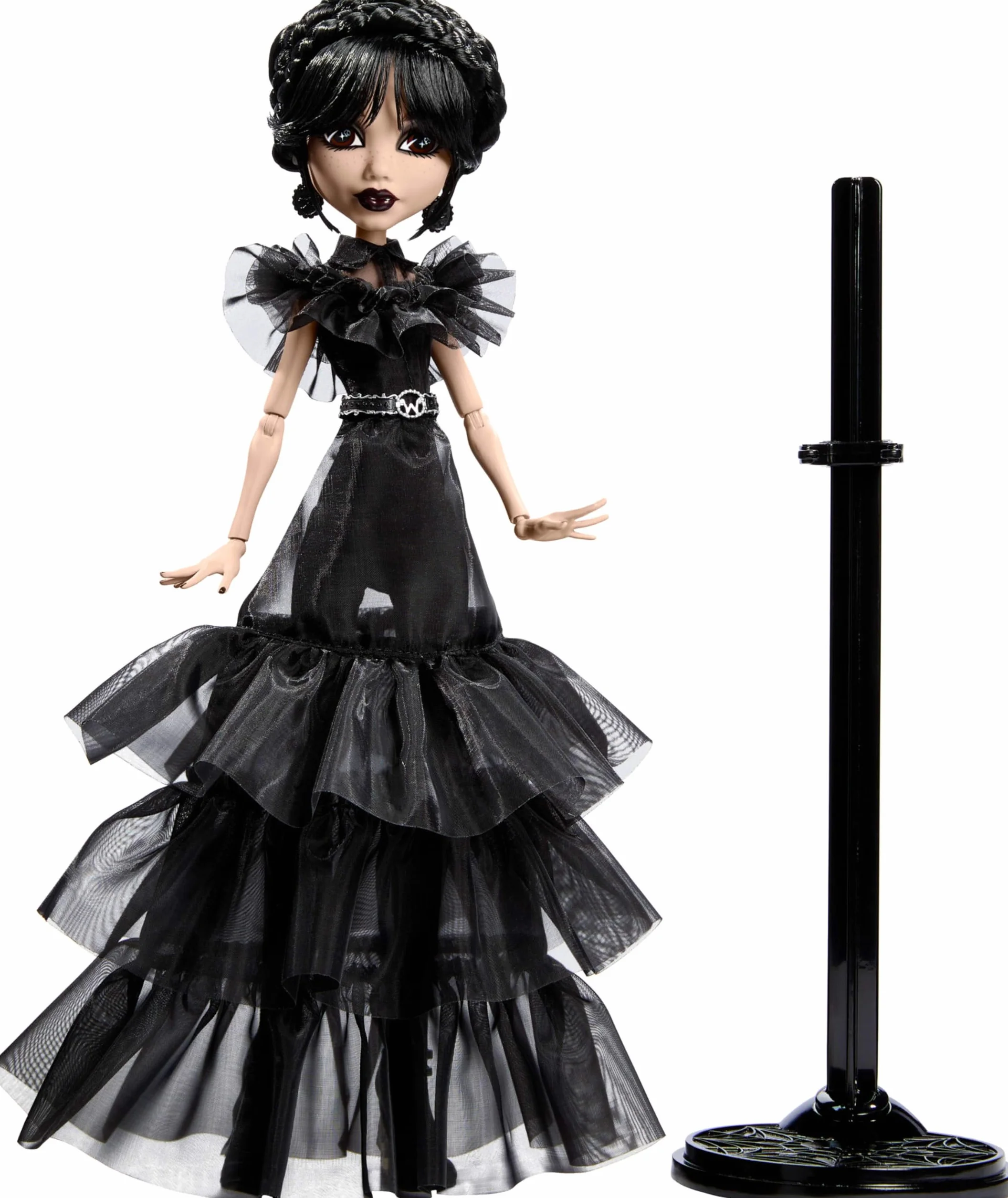 Monster High Wednesday na balu Rave'N Lalka kolekcjonerska w czarnej gotyckiej sukni inspirowanej sceną z balu, akcesoria premium i podstawka dla lalki, HXJ03