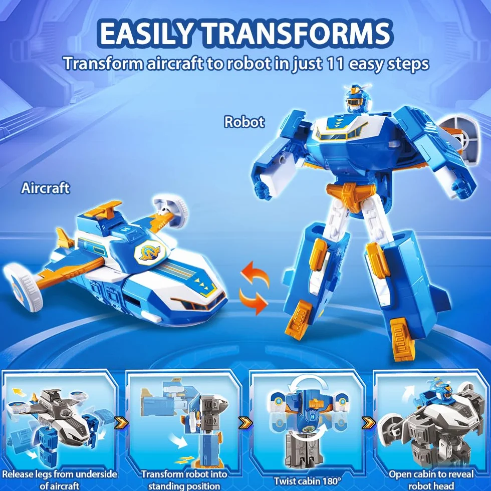 Super Wings 2-w-1 Mini World Aircraft Robot ze świeżym światłem i efektami dźwiękowymi, zabawka dla chłopców i dziewcząt powyżej 3 lat