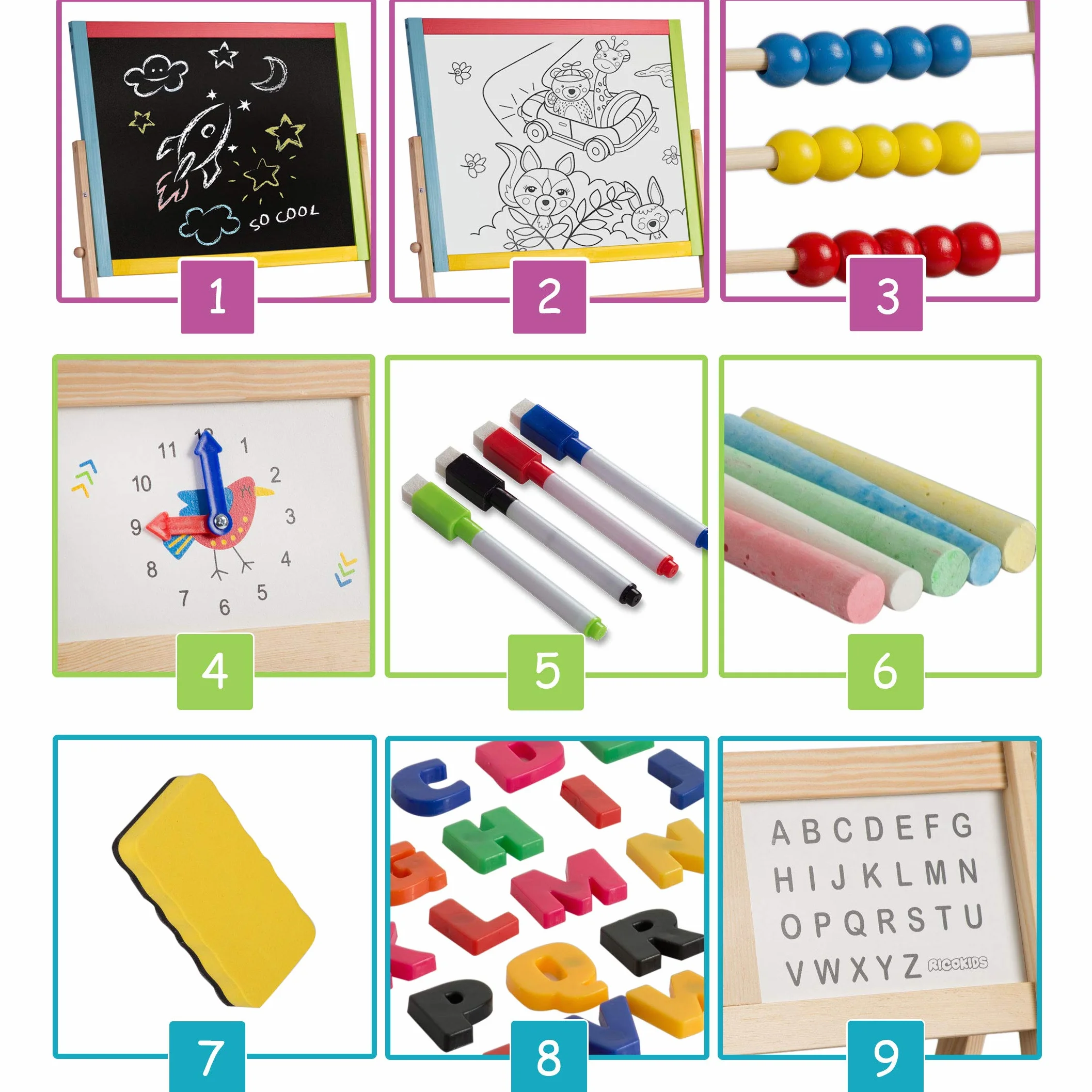 Ricokids Tablica do zabawy dla dzieci, magnetyczna tablica suchościeralna, zegar liczydło i tablica do malowania kredą, tablica dla dzieci, sztaluga z drewna