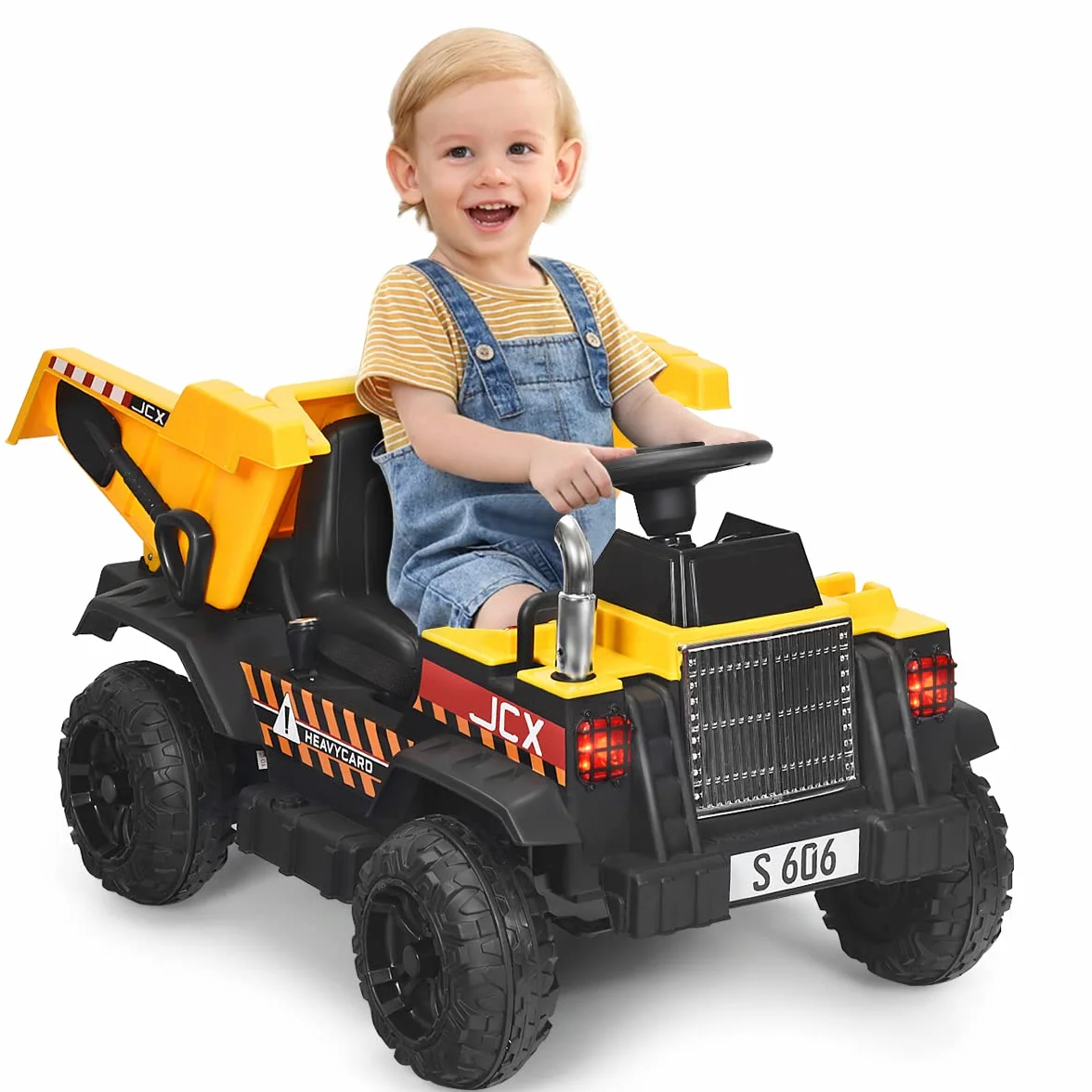 COSTWAY Traktor dziecięcy 12 V z elektryczną tylną szuflą, 3-biegowy traktor z pilotem zdalnego sterowania 2,4 G, oświetleniem, muzyką i radiem, traktor elektryczny 3-5 km/h dla dzieci w wieku 3-8 lat