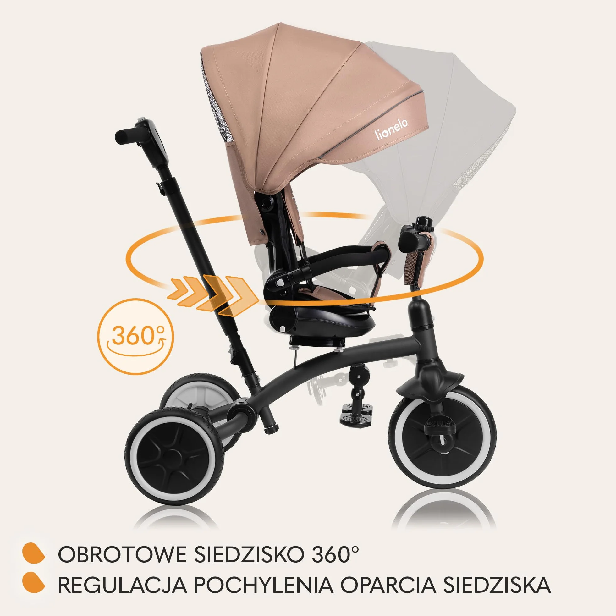 LIONELO Tris Plus Wielofunkcyjny Rowerek Trójkołowy od 9 miesięcy do 5 lat do 25 kg, Wózek Dziecięcy, Duże Koła PU Obrotowe Siedzisko 360° Regulacja Oparcia Montaż bez Narzędzi (Beżowy)