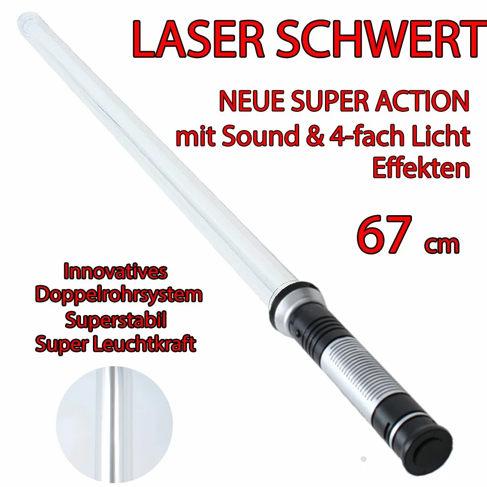 Miecz świetlny, miecz laserowy Lightsaber z 4 efektami świetlnymi LED do wyboru, kolor niebieski, czerwony lub zielony i dźwięk, 67 cm sztywne ostrze uchwyt czarny