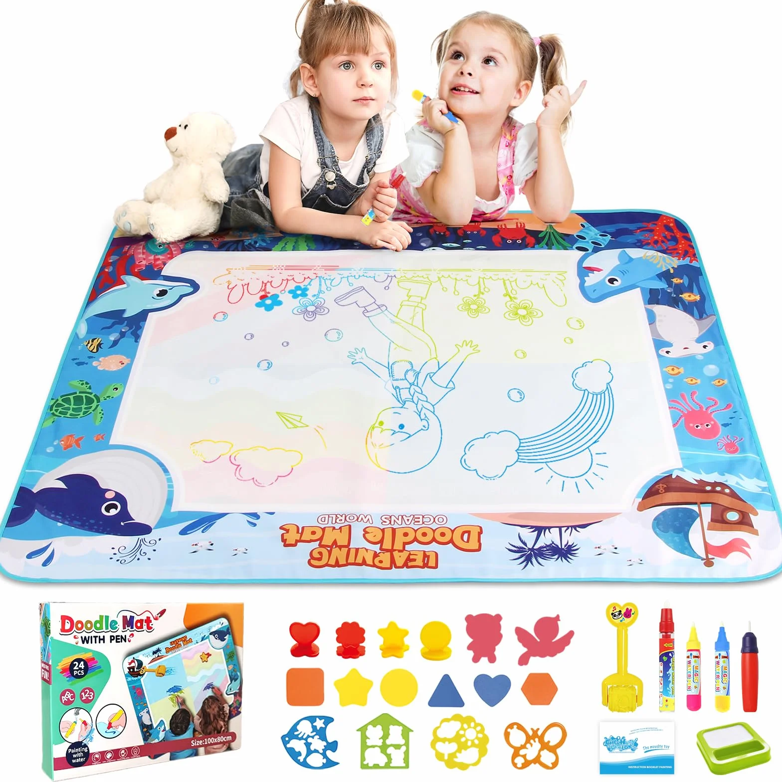 Dywan do malowania wodą 120x90 cm - Zabawki dla dzieci 2-6 lat - Magiczna tablica wodna z książką do rysowania i 4 długopisami
