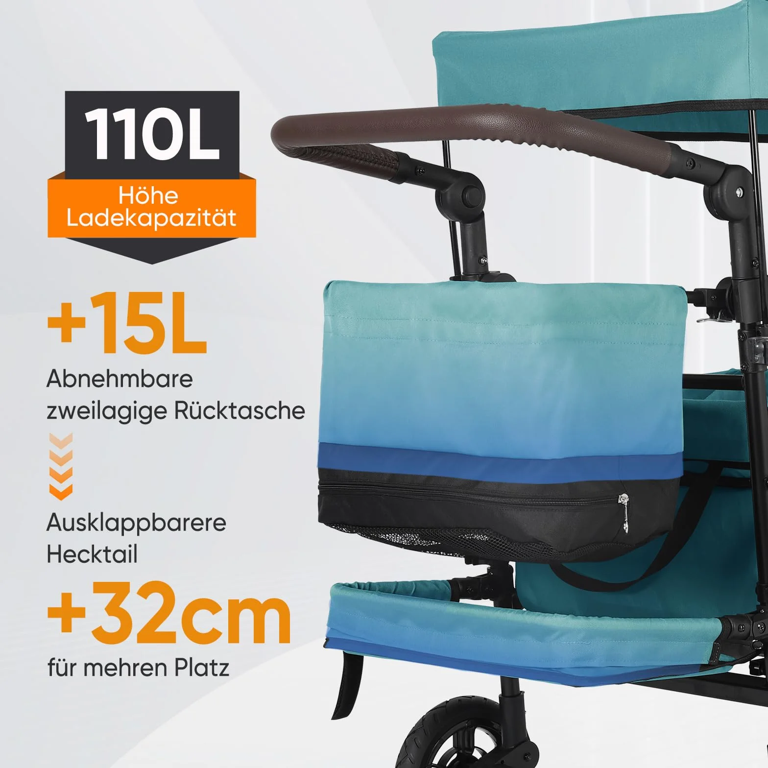 Sekey Wózek składany z dachem, dla 2 dzieci, 150 kg, wózek ręczny, uchwyt przesuwny, odporny na uderzenia, koła PU z hamulcami 110 l, SS5050, ciemnozielony