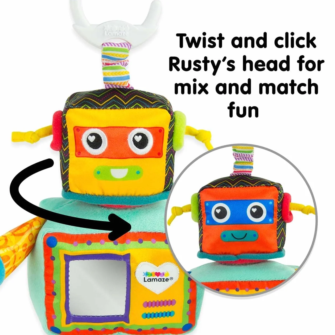 LAMAZE Rusty the Robot, klips na wózek dziecięcy i wózek dziecięcy, zabawka sensoryczna dla niemowląt, chłopców i dziewcząt od 0 do 6 miesięcy