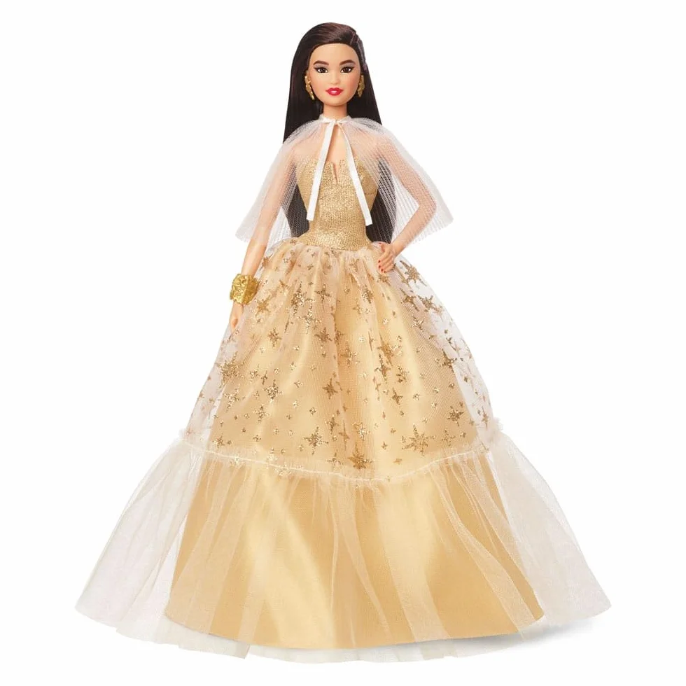 Barbie Lalka świąteczna Barbie Signature z czarnymi włosami w złocistej sukni i ozdobnym pudełku, prezent sezonowy dla kolekcjonerów HJX07