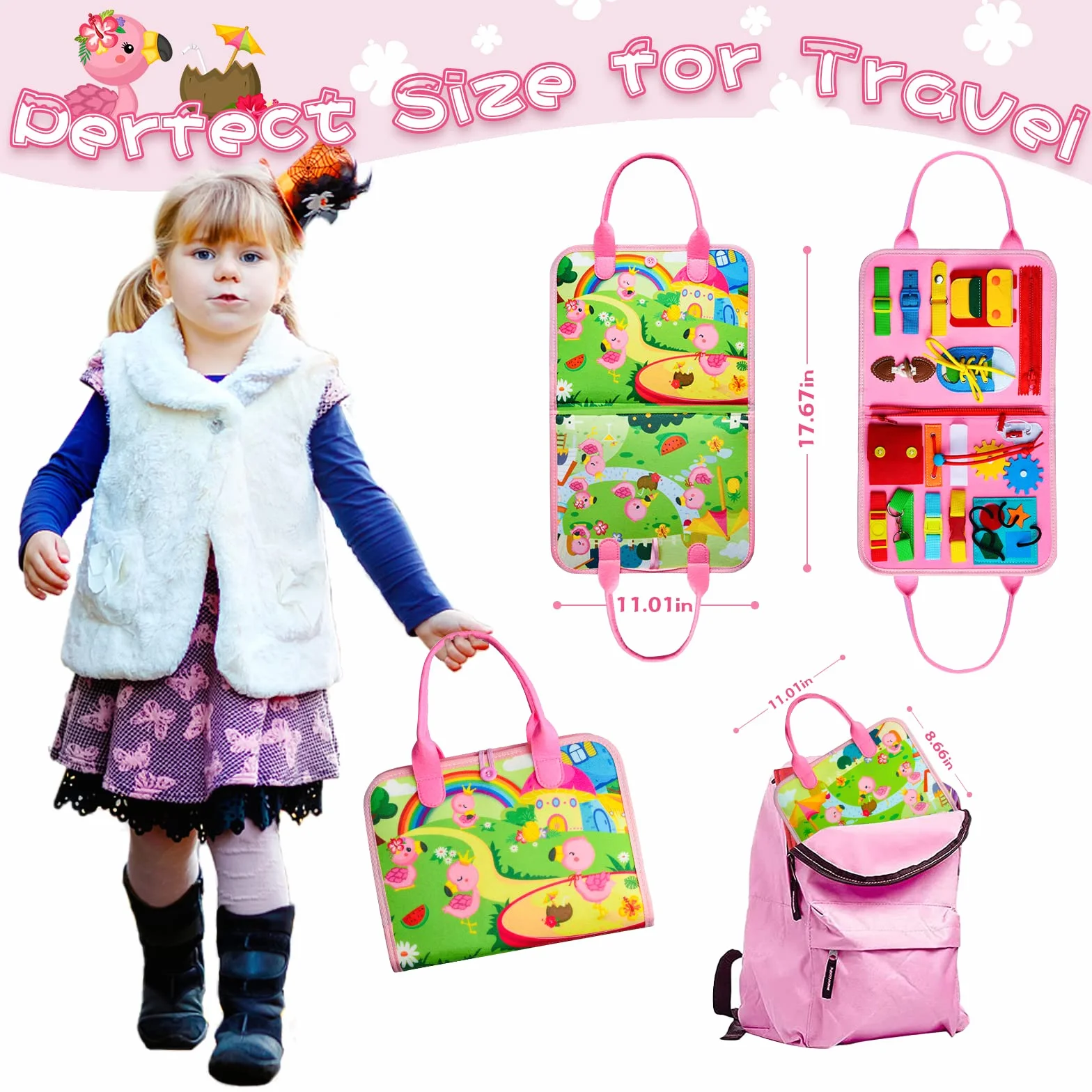 Busy Board Montessori 8 stron, gry Montessori dla dzieci 1, 2, 3 4 lata, różowa zabawka edukacyjna dla dzieci, tablica sensoryczna Montessori, tablica aktywnościowa z puzzlami