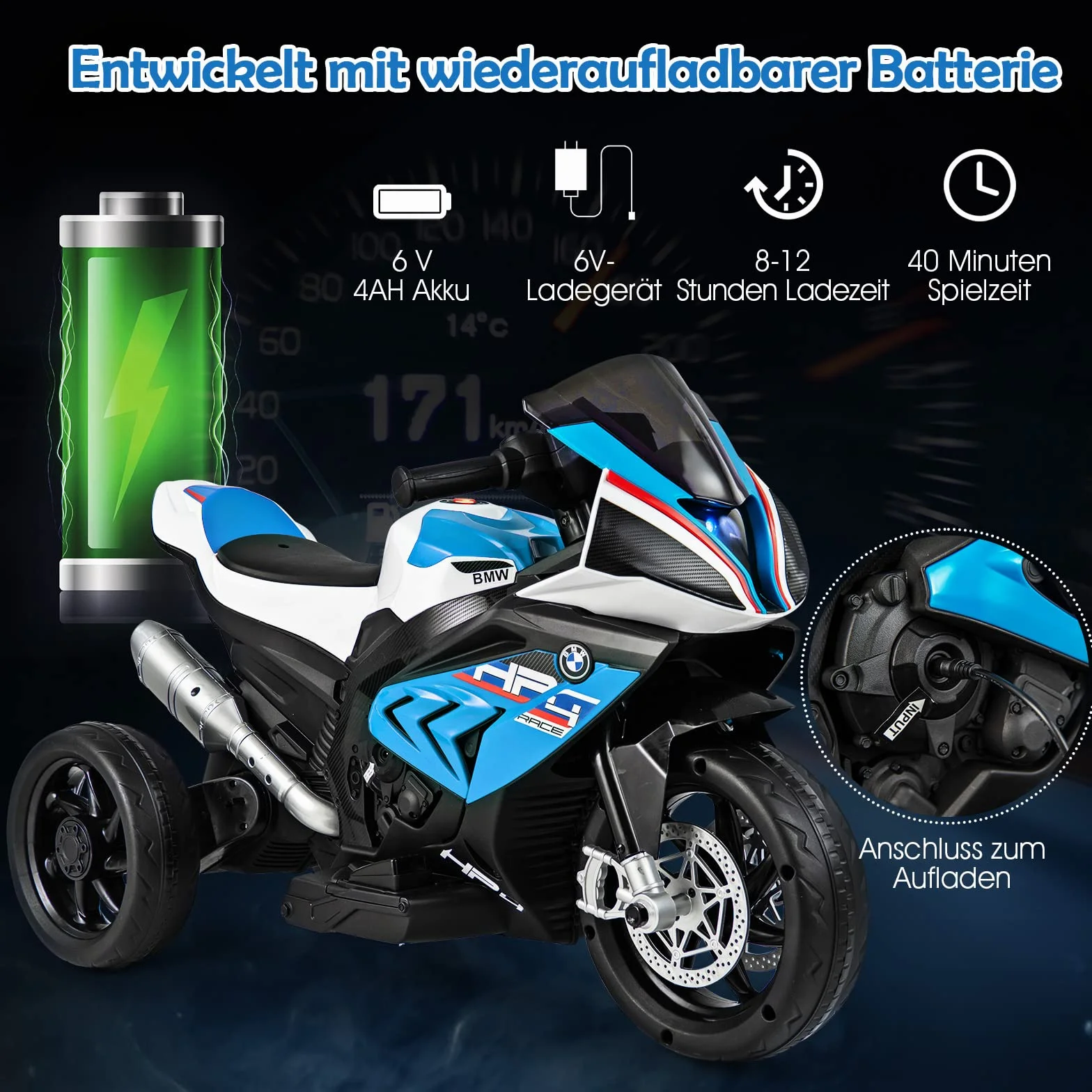 COSTWAY Motocykl elektryczny BMW 6 V z muzyką i reflektorem, trójkołowy motocykl dziecięcy do 3 km/h, motocykl elektryczny z 2 kółkami podporowymi, odpowiedni dla dzieci od 3 lat (niebieski)